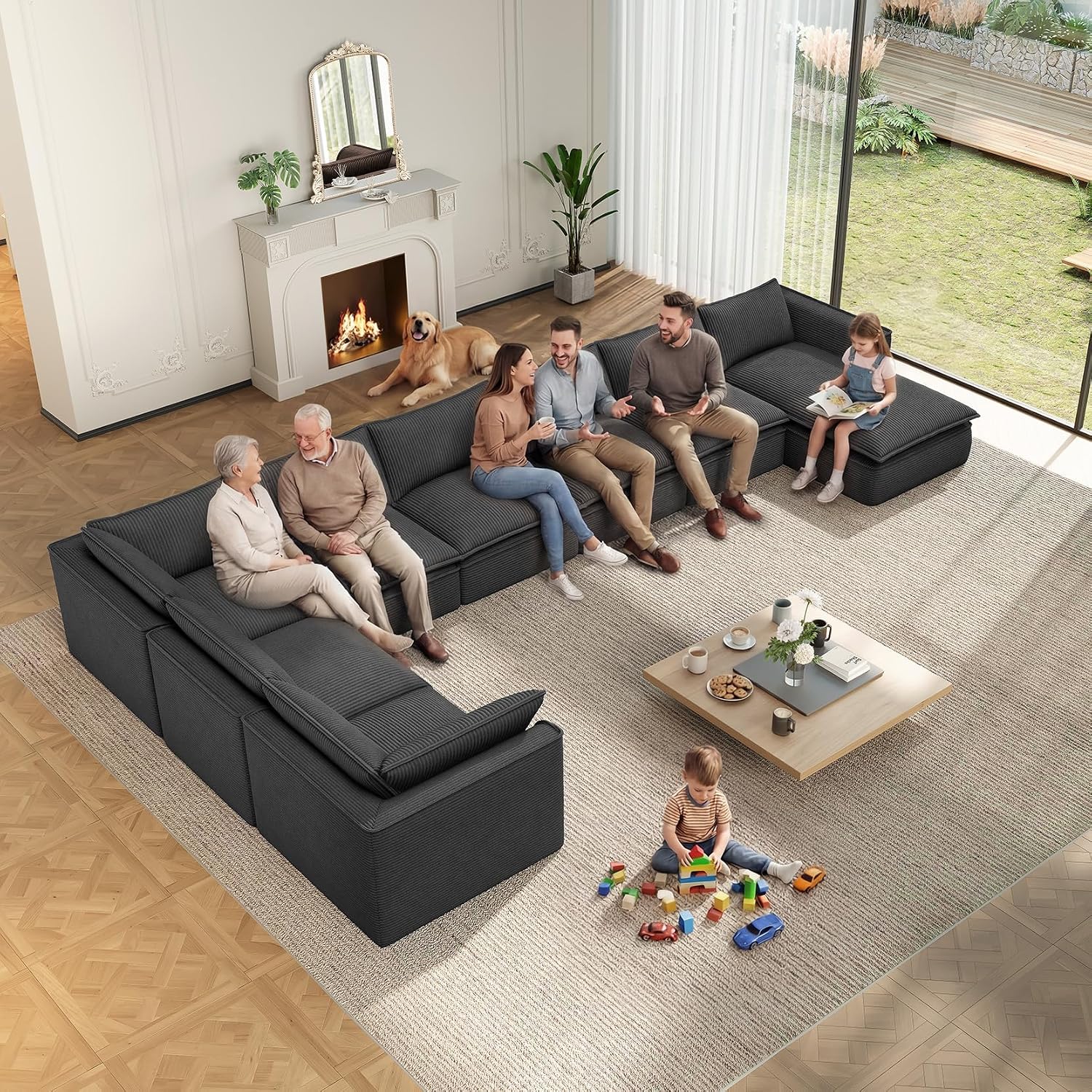 Vesgantti 141.7' Oversized Boneless Sectional Couch, Modern 7 Seater Modular Sofa with Chaise & Ottoman, Deep Seat Convertible Corduroy Cloud Couches for Living Room, No Assembly Required, Black