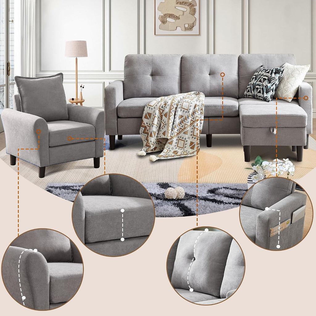 3 Piece Living Room Sofa Sets, Modern 3 Seater Sofa with Storage Ottoman and 2 PSC Armchair Couch Sets, Easy Assembly, Modern 5 Seat Sectional Couches for Living Room, Office, Light Grey