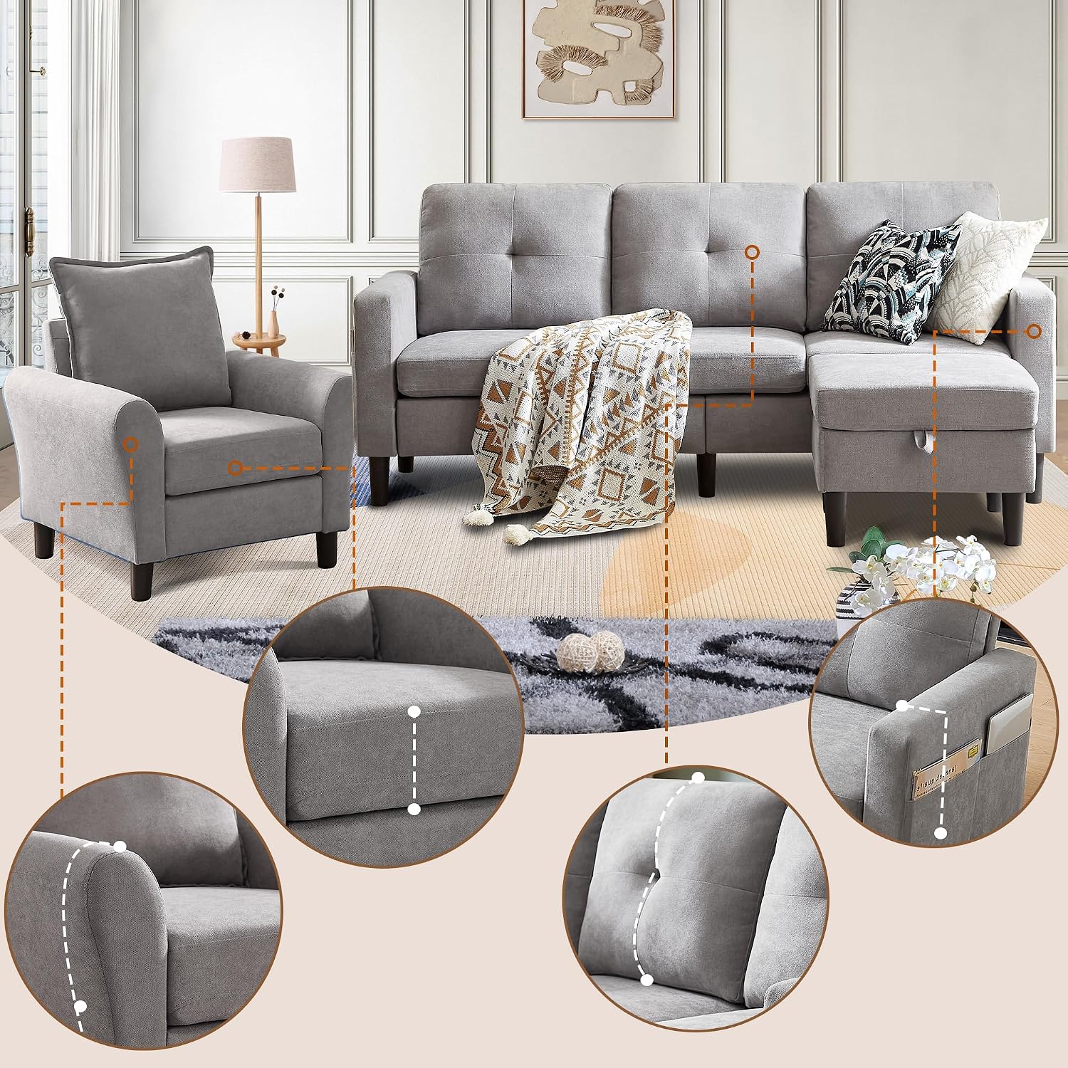 3 Piece Living Room Sofa Sets, Modern 3 Seater Sofa with Storage Ottoman and 2 PSC Armchair Couch Sets, Easy Assembly, Modern 5 Seat Sectional Couches for Living Room, Office, Light Grey