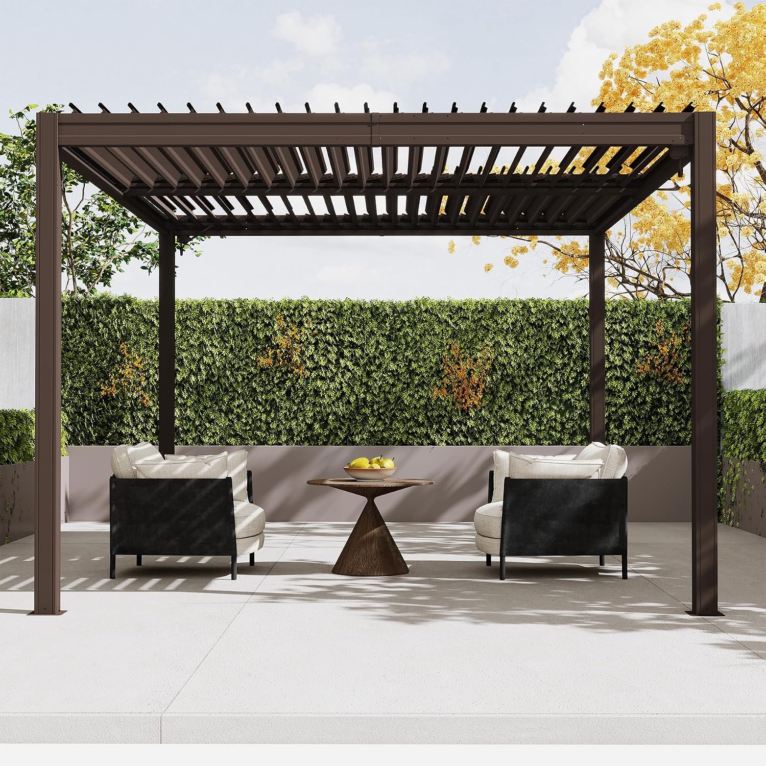 Domi 10x12FT Outdoor Louvered Pergola with Adjustable Roof, Alloy Rainproof Pergola for Backyard, Garden and Lawn,Brown