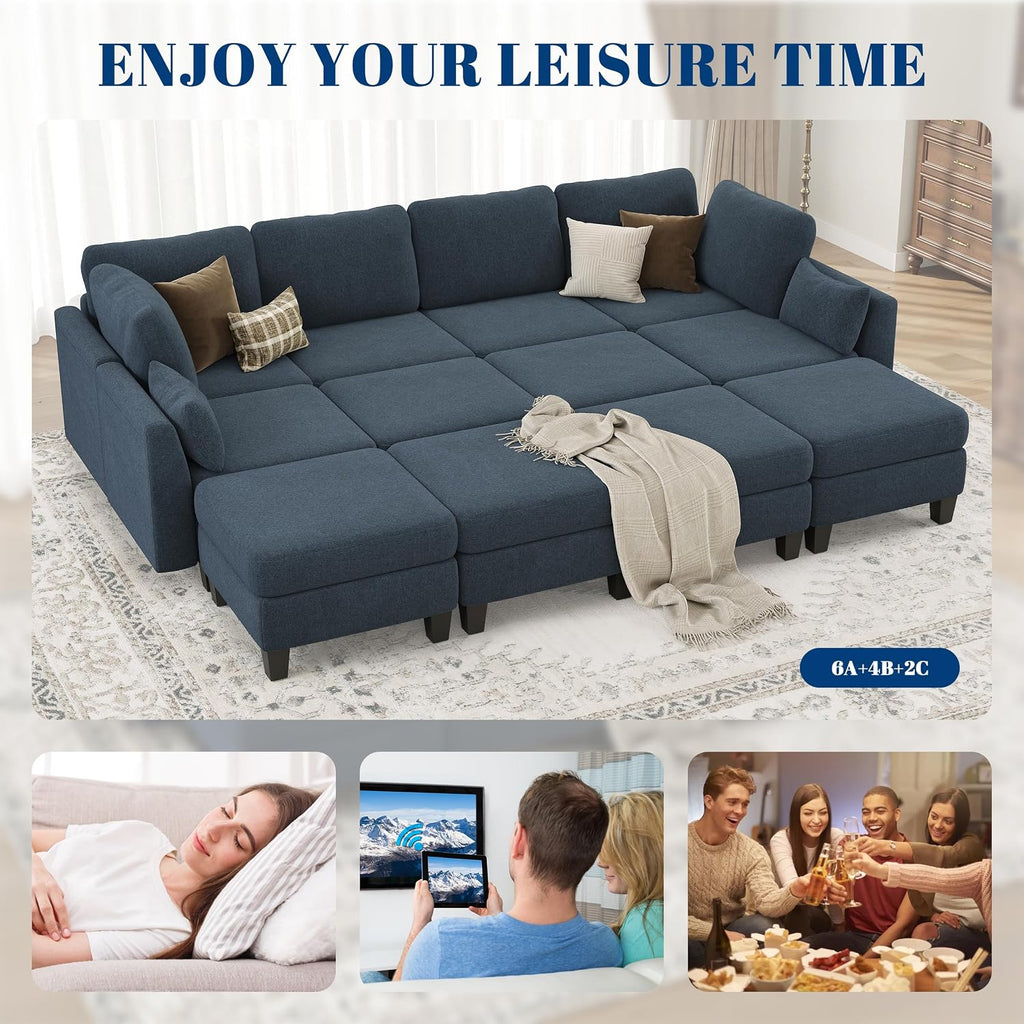 Sectional Sleeper Sofa, 8 Seaters Modular Sleeper Sofa Couch, Comfy Sectionals Couches Bed, Convertible Sofas with Ottomans, Modular Sectional Couches for Living Room, Blue