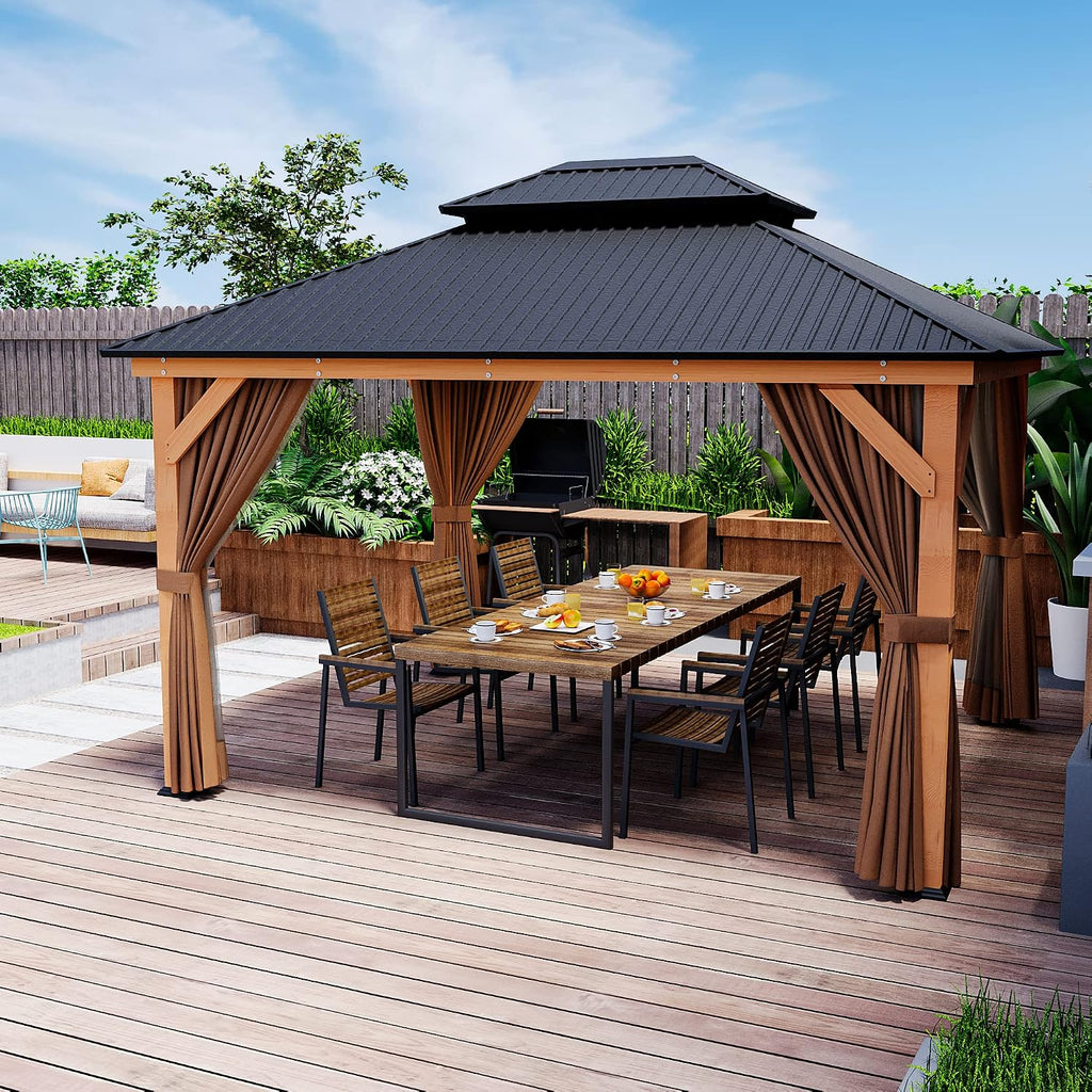 HAPPATIO 11' × 13' Wood Gazebo, Outdoor Hardtop Gazebo with Mosquito Netting and Curtains, Double Metal Roof Patio Hard Top for Garden, Patio, Deck, Parties (Brown)