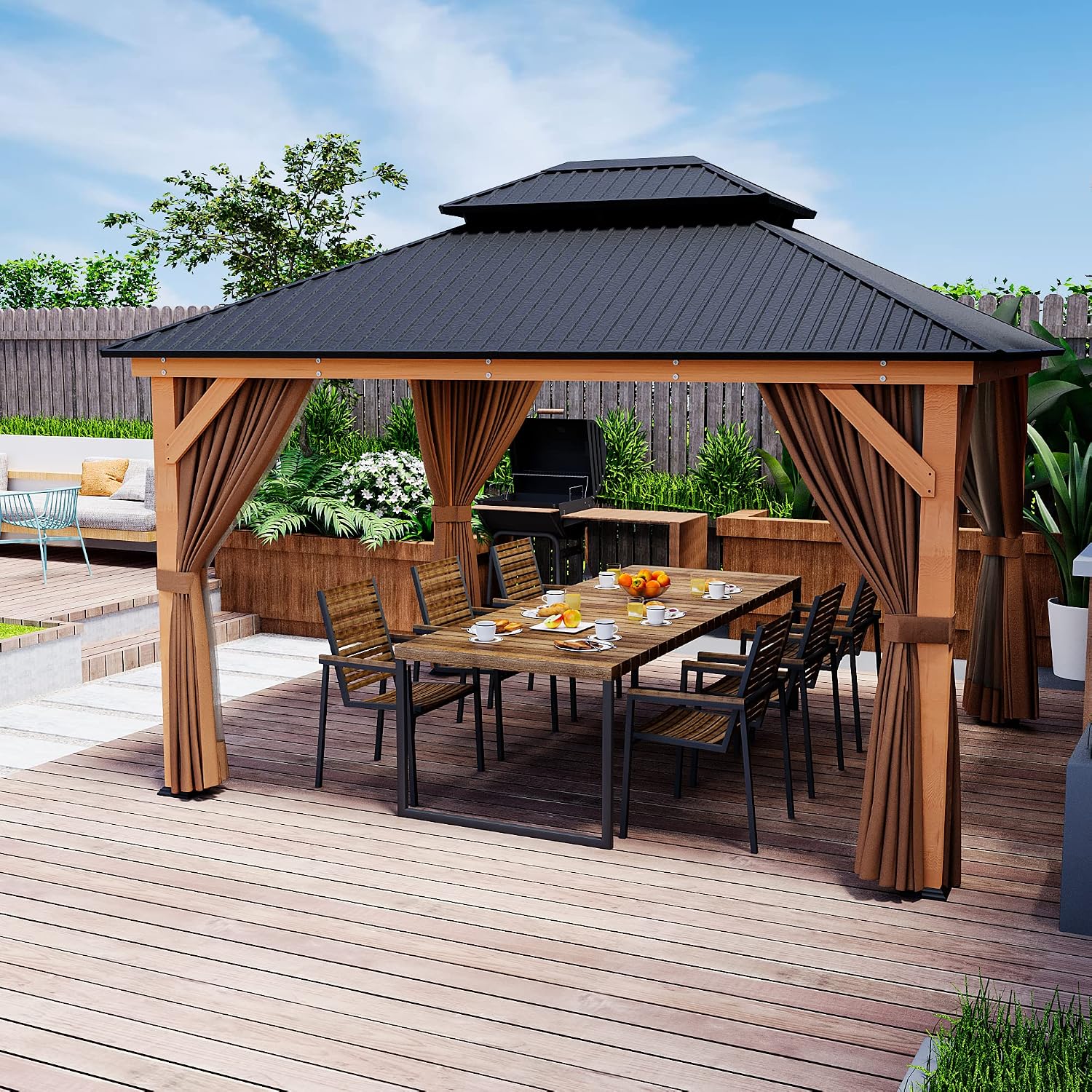 HAPPATIO 11' × 13' Wood Gazebo, Outdoor Hardtop Gazebo with Mosquito Netting and Curtains, Double Metal Roof Patio Hard Top for Garden, Patio, Deck, Parties (Brown)