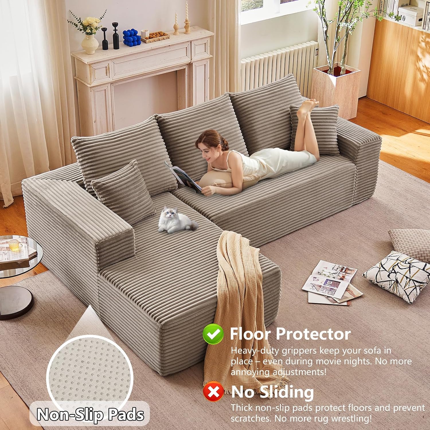 96' Modular Sectional Sofa, Modern Corduroy Cloud Couch with Deep Seat, Boneless Couch Upholstered 3-Seater L-Shaped Sofa for Living Room, No Assembly Required (Camel, Left-Facing Chaise)