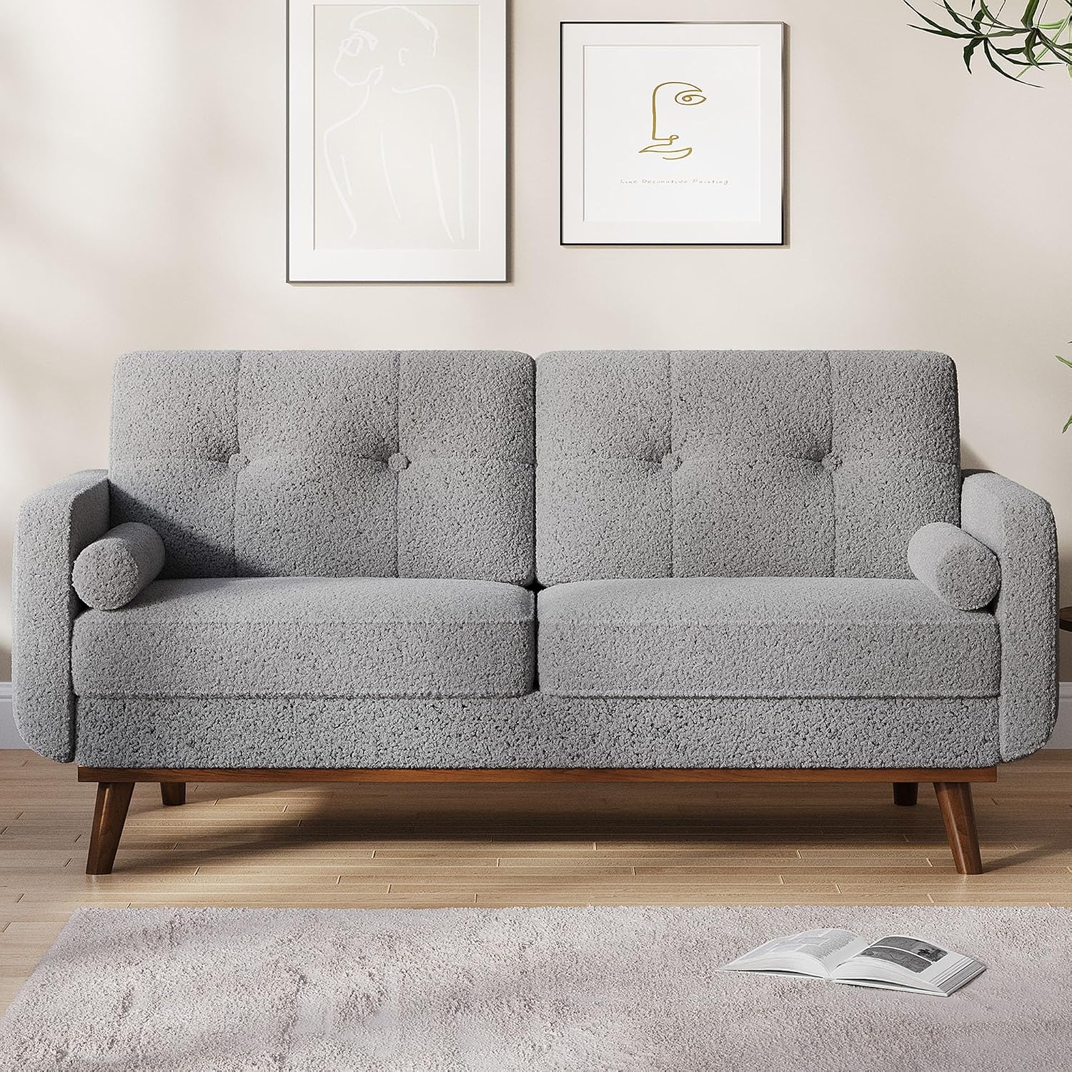 IDEALHOUSE 65' Mid Century Modern Couch Sofa Loveseat, Comfy Love Seat Couches for Living Room, 2 Seater Teddy Fleece Boucle Upholstered Deep Seat Couch for Bedroom Office Small Space, Gray