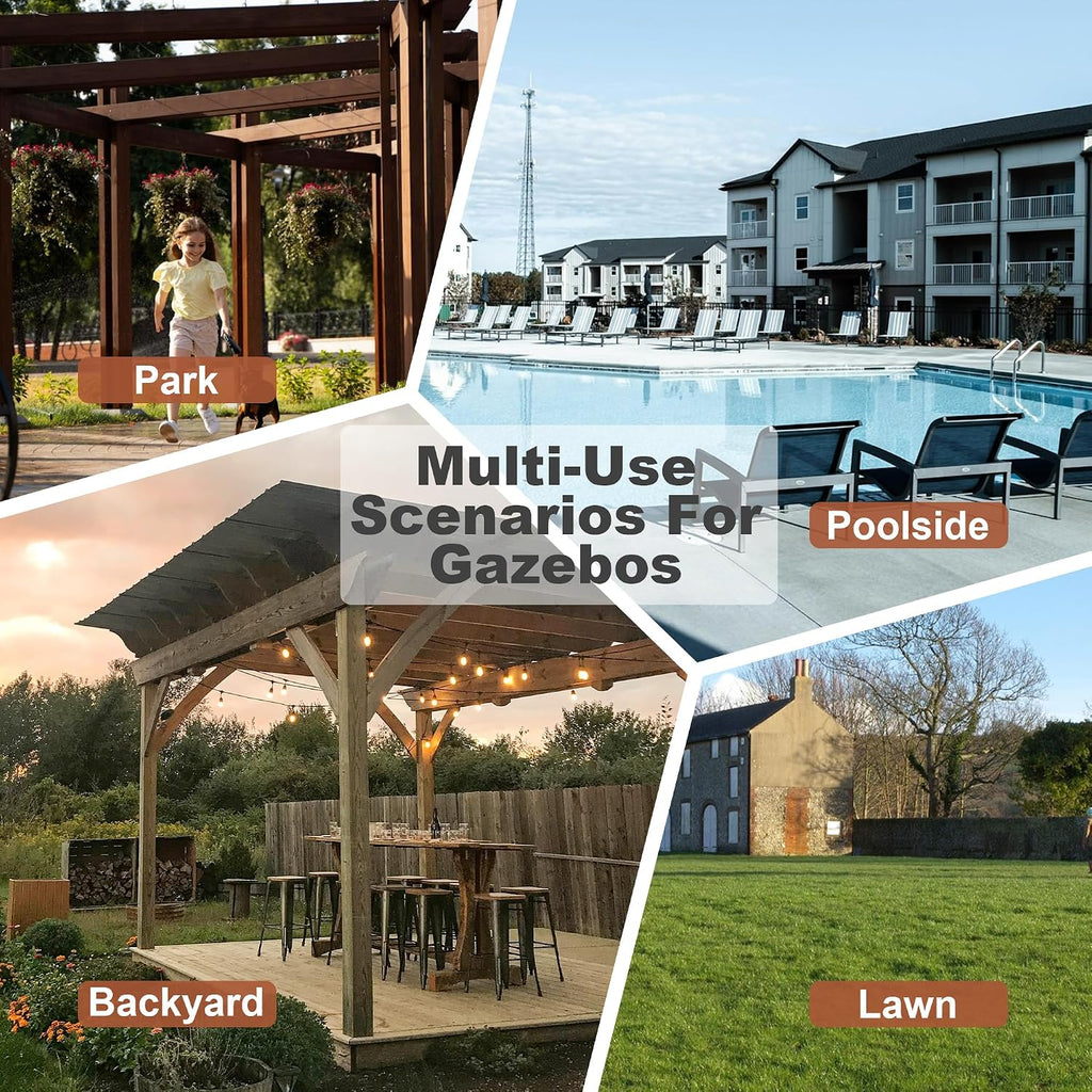 13'x 6.5' Wooden Pergola Grill Gazebo, Hardtop Gazebo with Metal Roof & Bulbs & Bar Counters, Spacious Shade for Outdoor BBQ, Patio Backyard Poolside