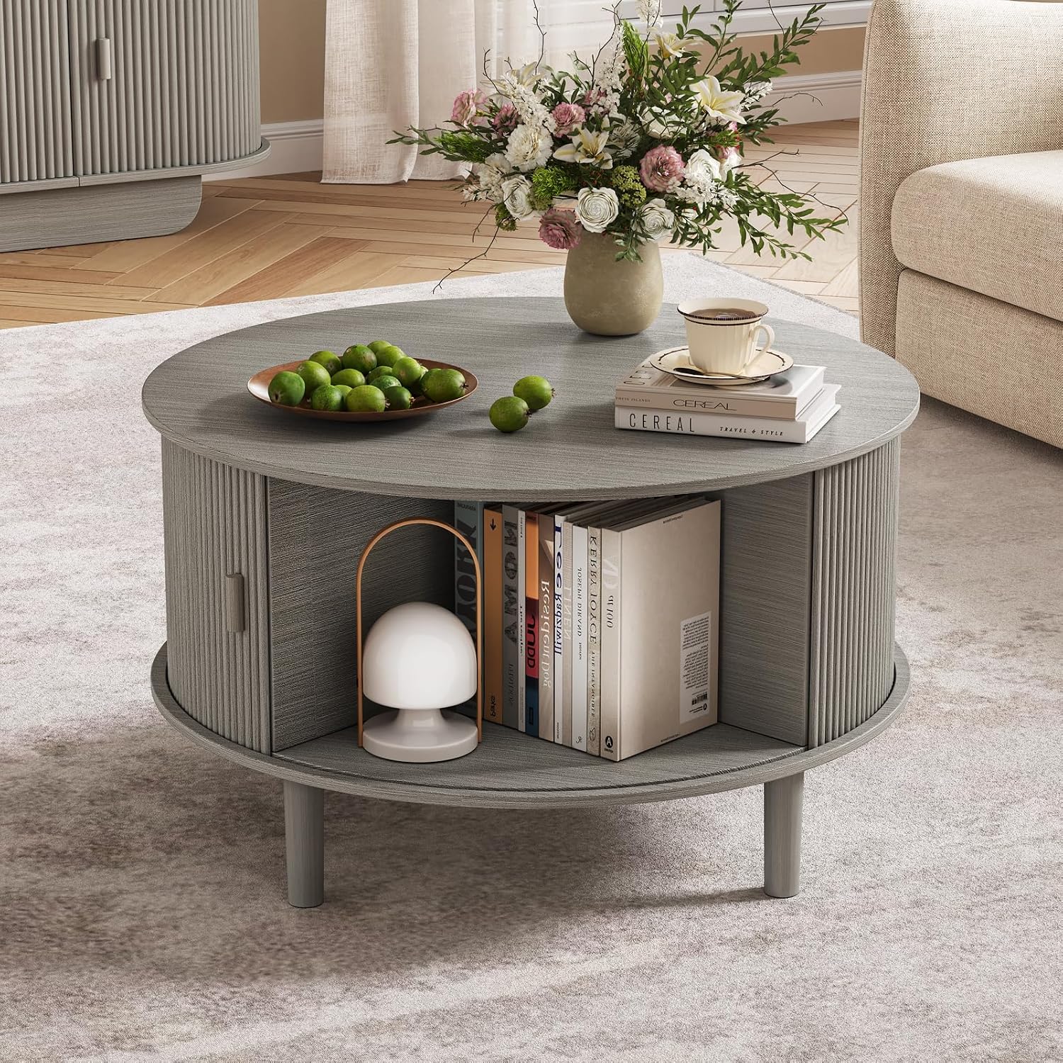 Coffee Table and TV Stand Set of 2, Round Center Table with Storage, Fluted Coffee Table with 360° Sliding Doors, 86.6' Entertainment Center for Bedroom, Living Room, Grey