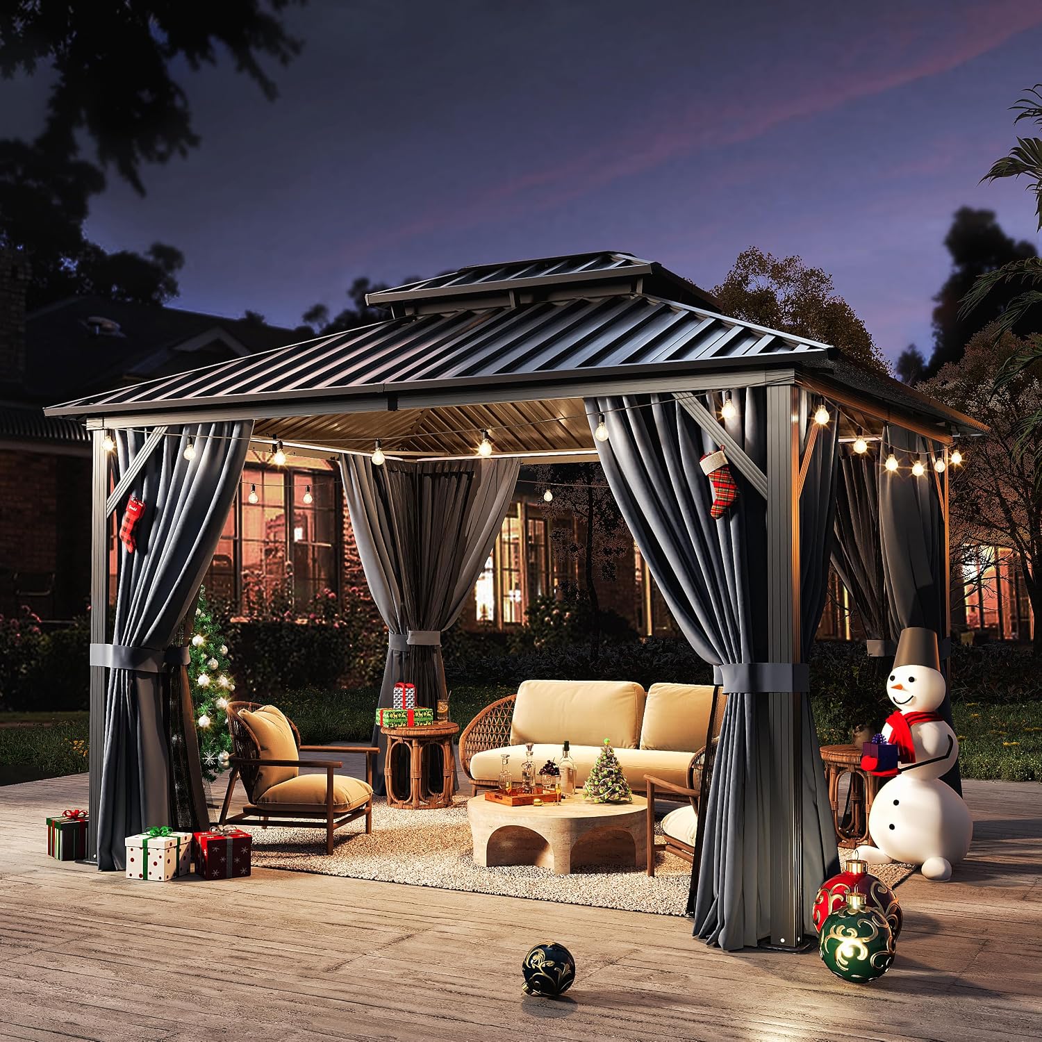 10X12 Hardtop Gazebo, Outdoor Aluminum Gazebo with Galvanized Steel Double Roof, Permanent Metal Pavilion with Netting, Curtains