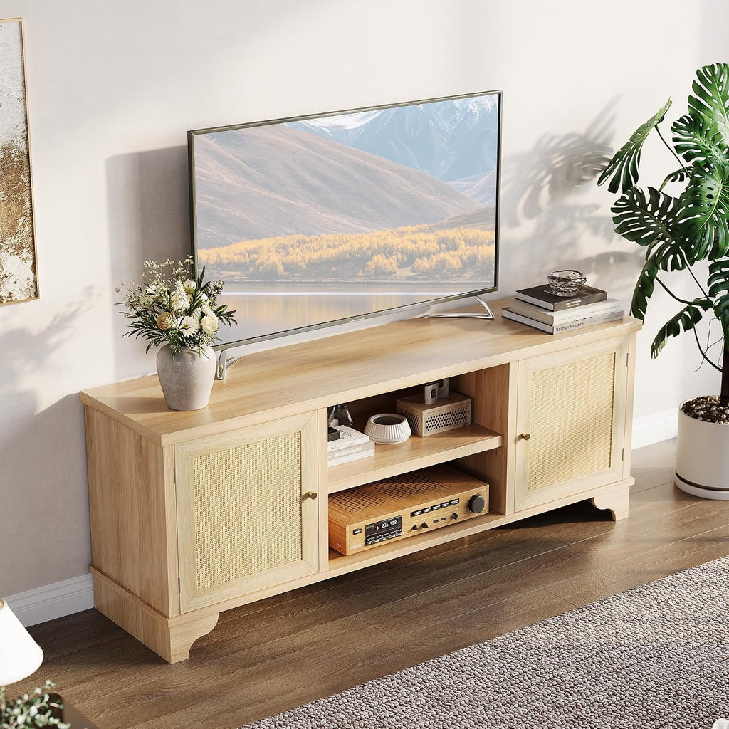 GarveeHome Rattan TV Stand Fits TVs Up to 70 Inches, Boho Entertainment Center with Storage, Wooden Media Console Table for Living Room, Natural Oak