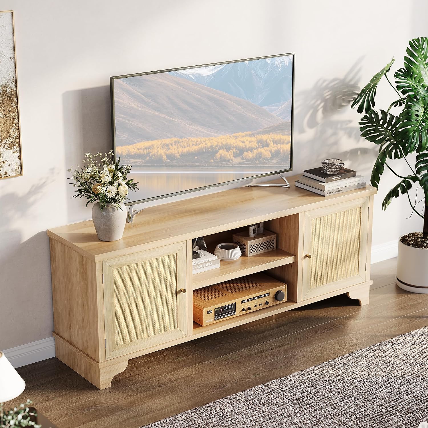 GarveeHome Rattan TV Stand Fits TVs Up to 70 Inches, Boho Entertainment Center with Storage, Wooden Media Console Table for Living Room, Natural Oak