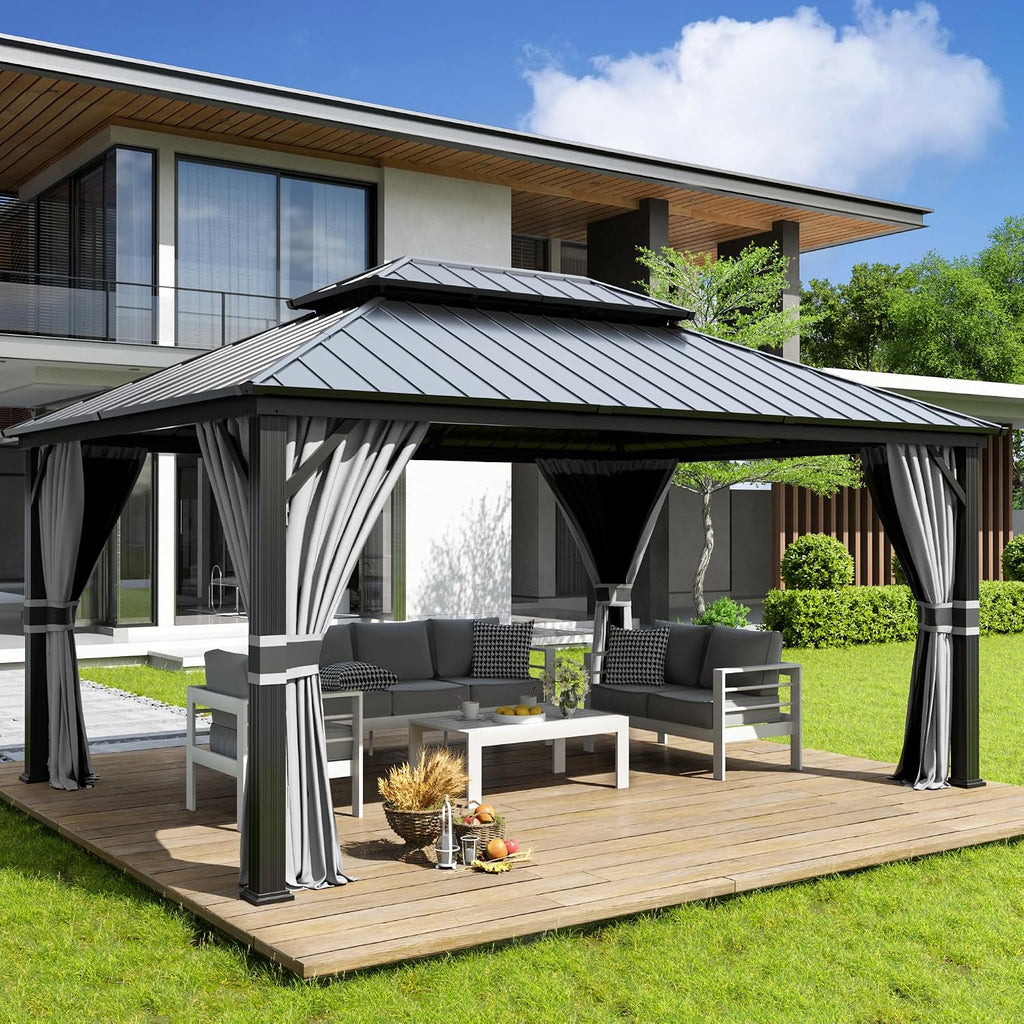 Amopatio 12' X 16' Hardtop Gazebo, Aluminum Gazebo with Double Galvanized Steel Roof, Curtains and Netting Included,Outdoor Metal Pergola for Patios, Garden, Parties, Lawns, Gray