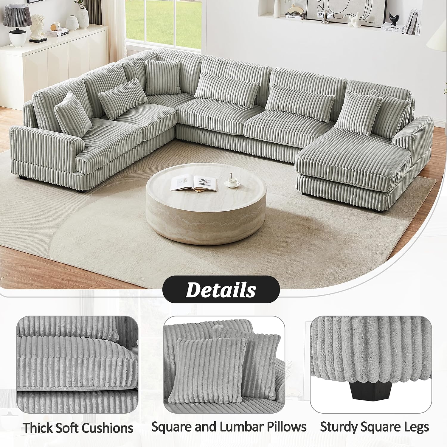 Oversized U-Shaped Sectional Sofa Modern Living Room Couch Upholstered in Soft Corduroy with a Chaise Lounge