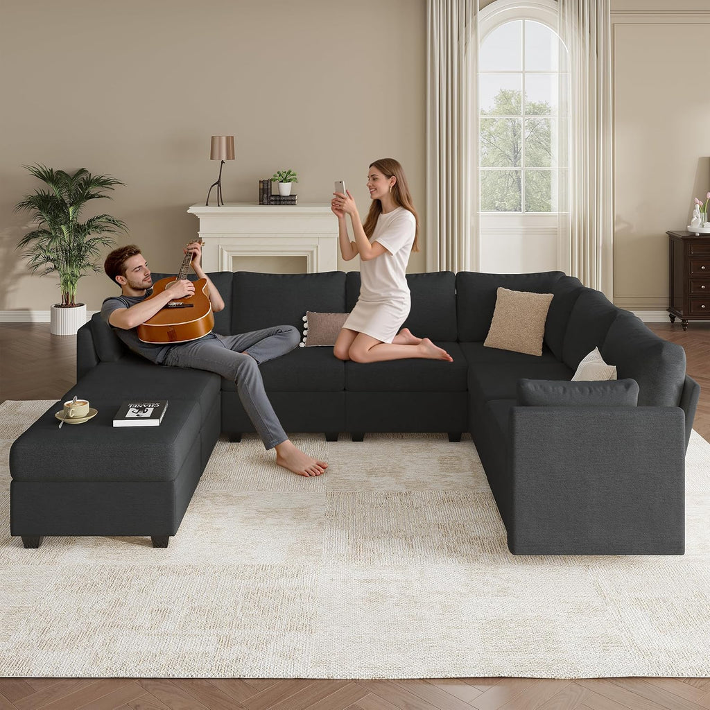 Modular Sectional Sofa Couches, Large Convertible Modular Couches with Storage, 8-Seater Sectional Sofa for Living Room, U Shaped Sectional Couch Sleeper Sofa with Chaise (Black, 8 Seats)