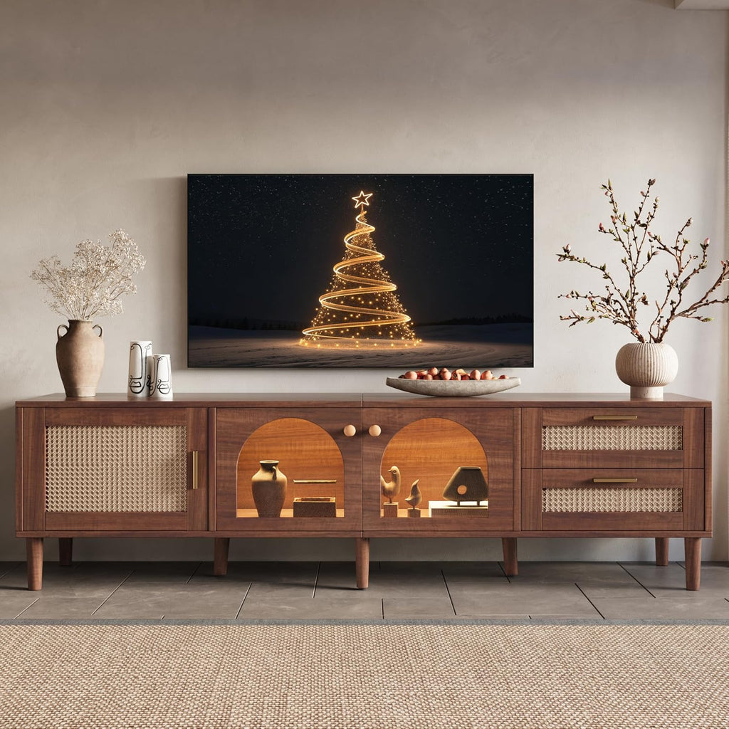 Merax Rattan TV Stand with LED Lights, 70' Entertainment Center with 3 Cabinets & 2 Drawers Media Console Table for TVs Up to 80', Solid Wood Feet, Living Room, Bedroom Furniture