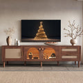 Merax Rattan TV Stand with LED Lights, 70' Entertainment Center with 3 Cabinets & 2 Drawers Media Console Table for TVs Up to 80', Solid Wood Feet, Living Room, Bedroom Furniture