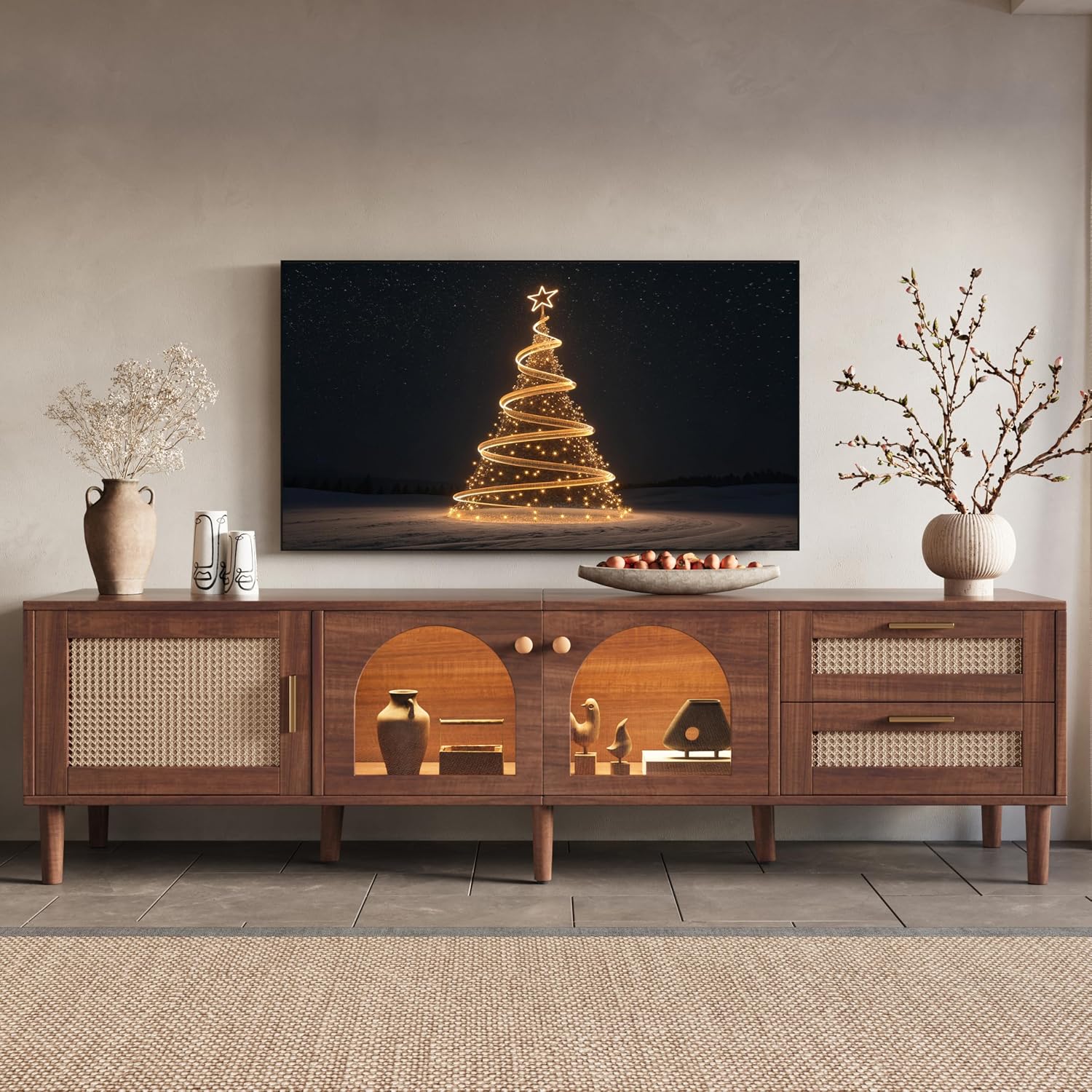 Merax Rattan TV Stand with LED Lights, 70' Entertainment Center with 3 Cabinets & 2 Drawers Media Console Table for TVs Up to 80', Solid Wood Feet, Living Room, Bedroom Furniture