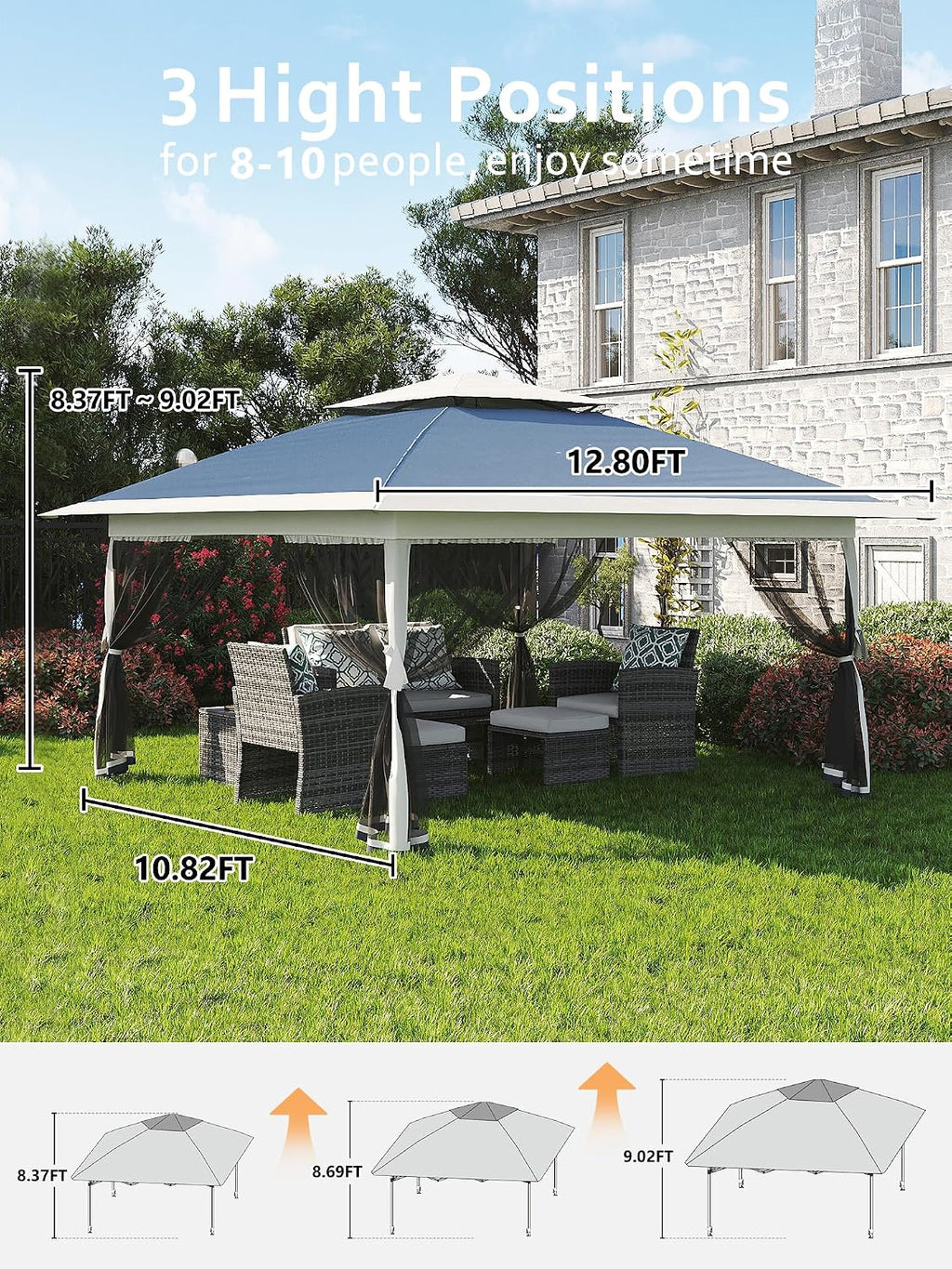 Garvee 13x13 ft Pop Up Gazebo, Canopy Tent with Mosquito Netting, Outdoor Gazebos for Backyard & Patio Furniture - Pop Up Canpy with Wheeled STO-N-Go Cover Bag(Navy Blue+Hemp Grey)