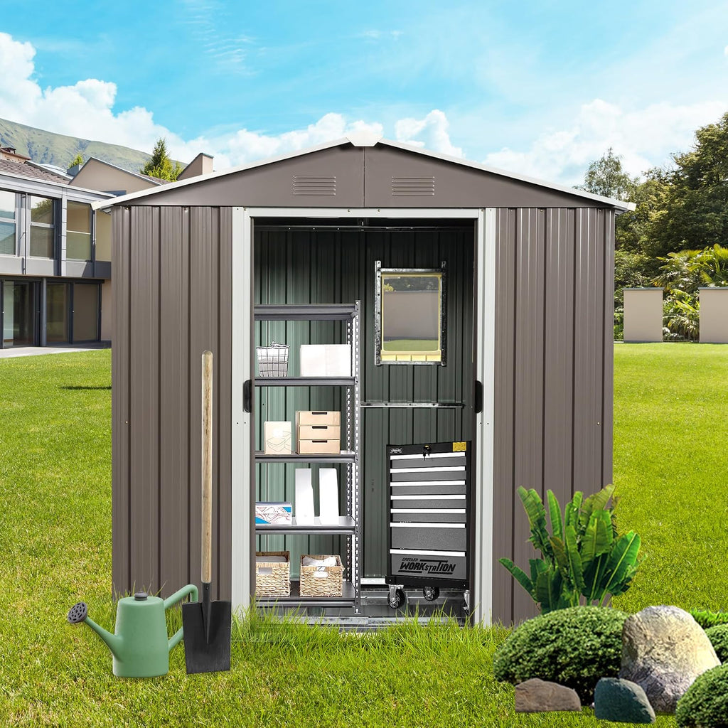 YOPTO 8×4 FT Outdoor Metal Storage Shed with Window and Integrated Punched Vents,Large Garden Outdoor Shed W/Sliding Doors & Padlock,Rust UV & Waterproof Tool Sheds for Backyard,Lawn,Patio,Grey