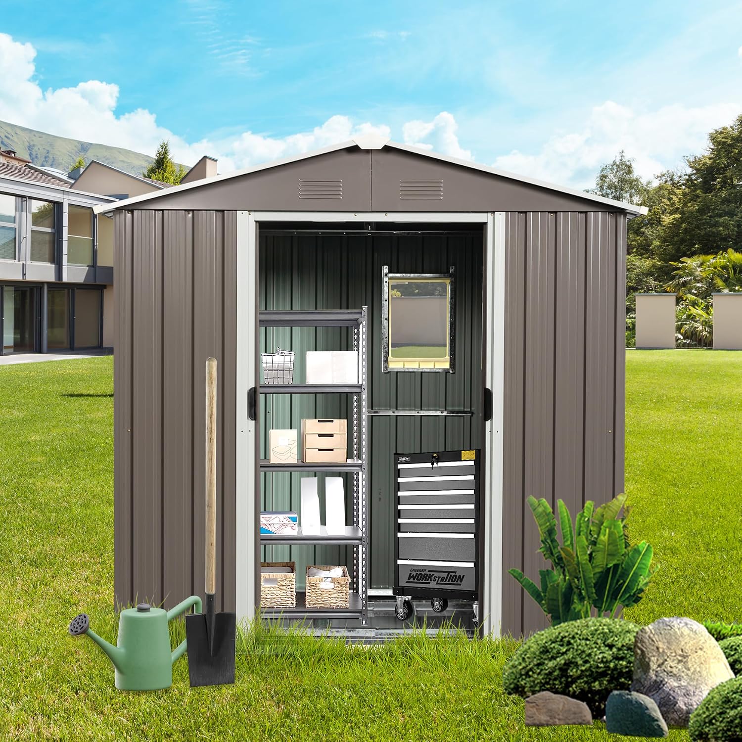 YOPTO 8×4 FT Outdoor Metal Storage Shed with Window and Integrated Punched Vents,Large Garden Outdoor Shed W/Sliding Doors & Padlock,Rust UV & Waterproof Tool Sheds for Backyard,Lawn,Patio,Grey