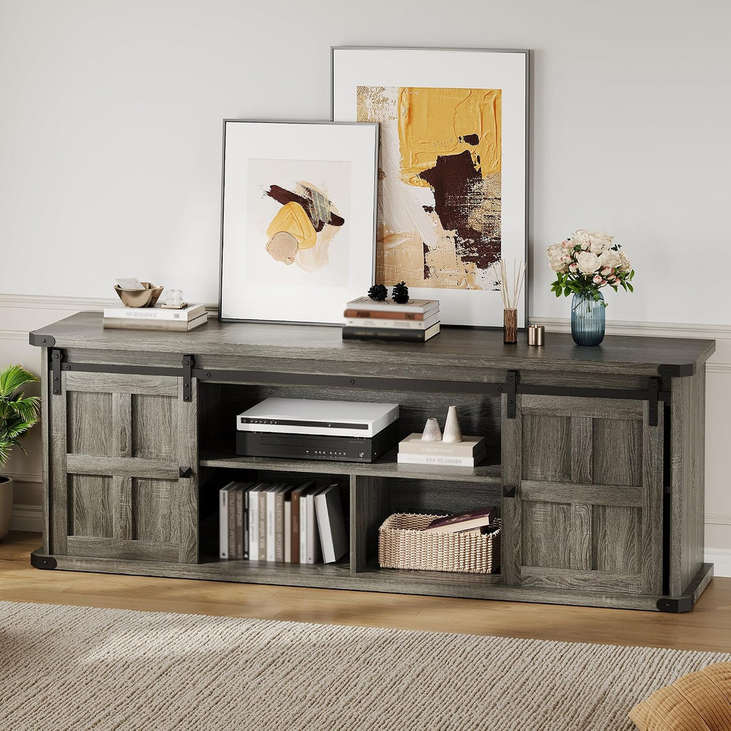 GarveeHome 70 in Farmhouse TV Stand for 75 in TVs, Modern Entertainment Center with Sliding Barn Doors, Modern Media TV Console Table, Wood Long TV Stand for Living Room