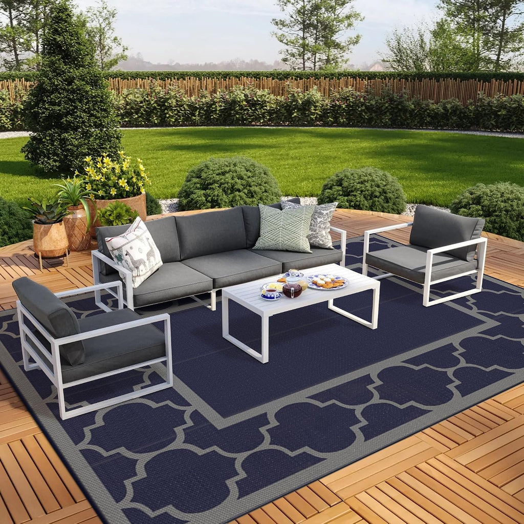 GENIMO 9 ' x 18 ' Outdoor Rug Waterproof for Patio Decor, Foldable Reversible Plastic Straw Area Rugs Mat for Camper, Outside Carpet for Rv, Deck, Porch, Picnic, Beach, Balcony, Blue & Grey