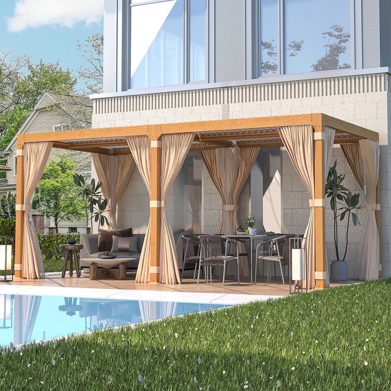 EROMMY Louvered Pergola 10x20, Outdoor Aluminum Pergola with Adjustable Rainproof Roof for Garden, Patio, Deck, Waterproof Curtains and Netting Included, Wood Grain