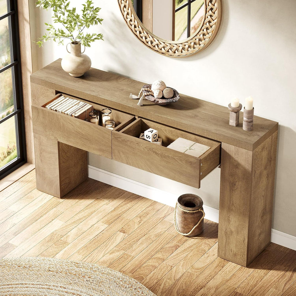 Tribesigns 63-Inch Wooden Console Table with 2 Hidden Drawers, Farmhouse Rustic Brown Sofa Table for Living Room, Hallway, Entrance, Foyer, Easy Assembly (Brown)