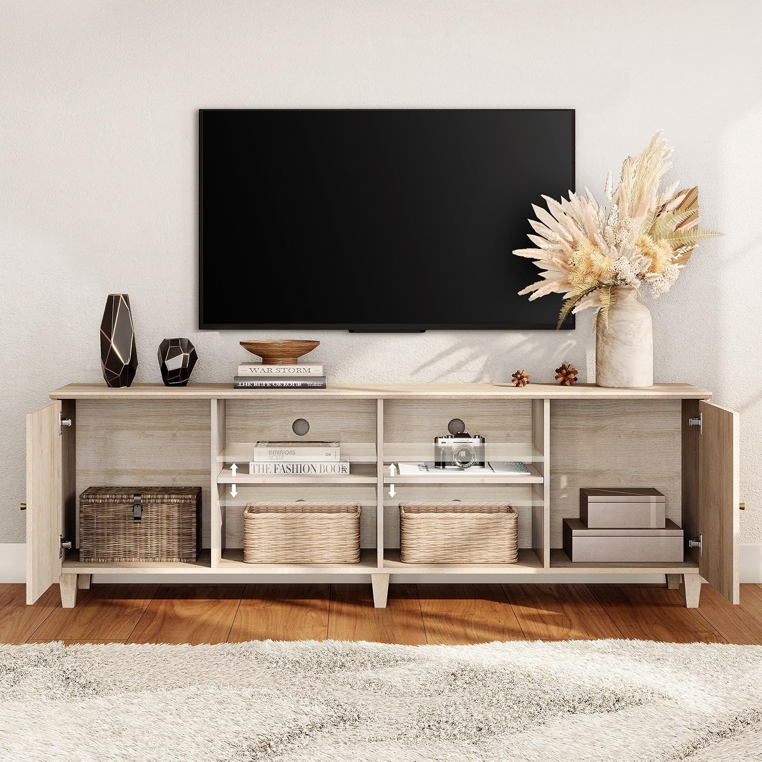 WAMPAT 3-in-1 TV Stand w/Doors&Charging Station, 105' Modern Wood Entertainment Center Media Console for 110+ inch TVs, TV Cabinet w/Shelves&4 Drawers for Living Room, Bedroom, Light Oak