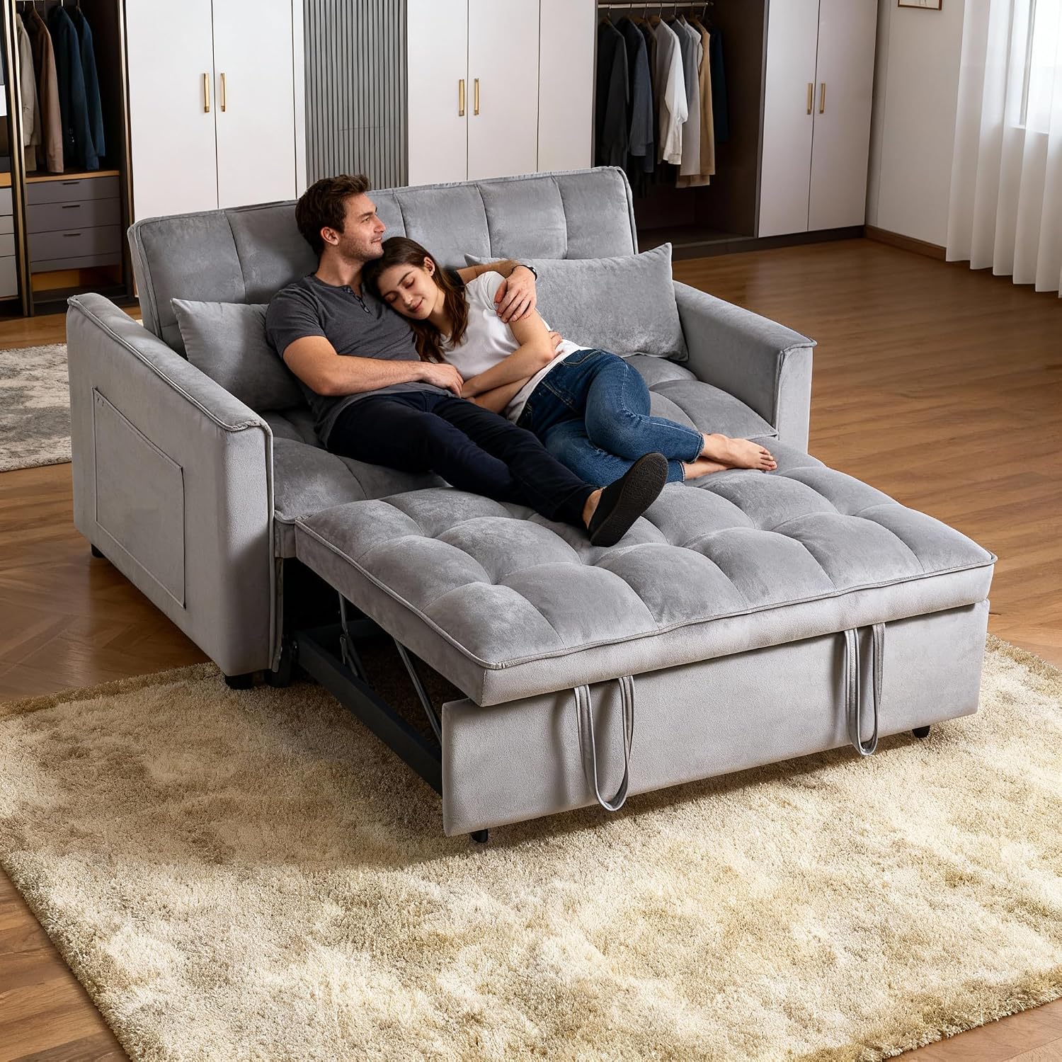 3-in-1 Convertible Sleeper Sofa Bed, 63' Modern Pull Out Couch with Adjustable Reclining Backrest - Velvet Fabric Loveseat for Living Room, Bedroom, Apartment (Gray)