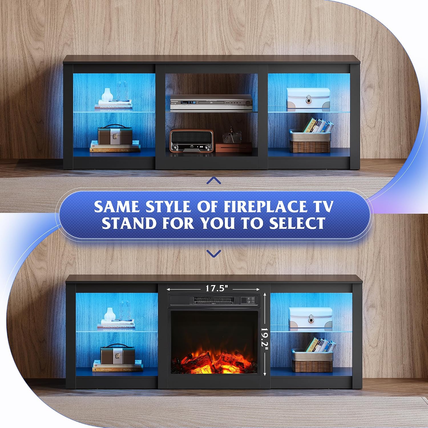 WLIVE 58 Inches Fireplace TV Stand with LED Lights, Modern Entertainment Center with 18'' Electric Fireplace & Adjustable Glass Shelves, Sturdy Media Console for Living Room, Bedroom (Black)
