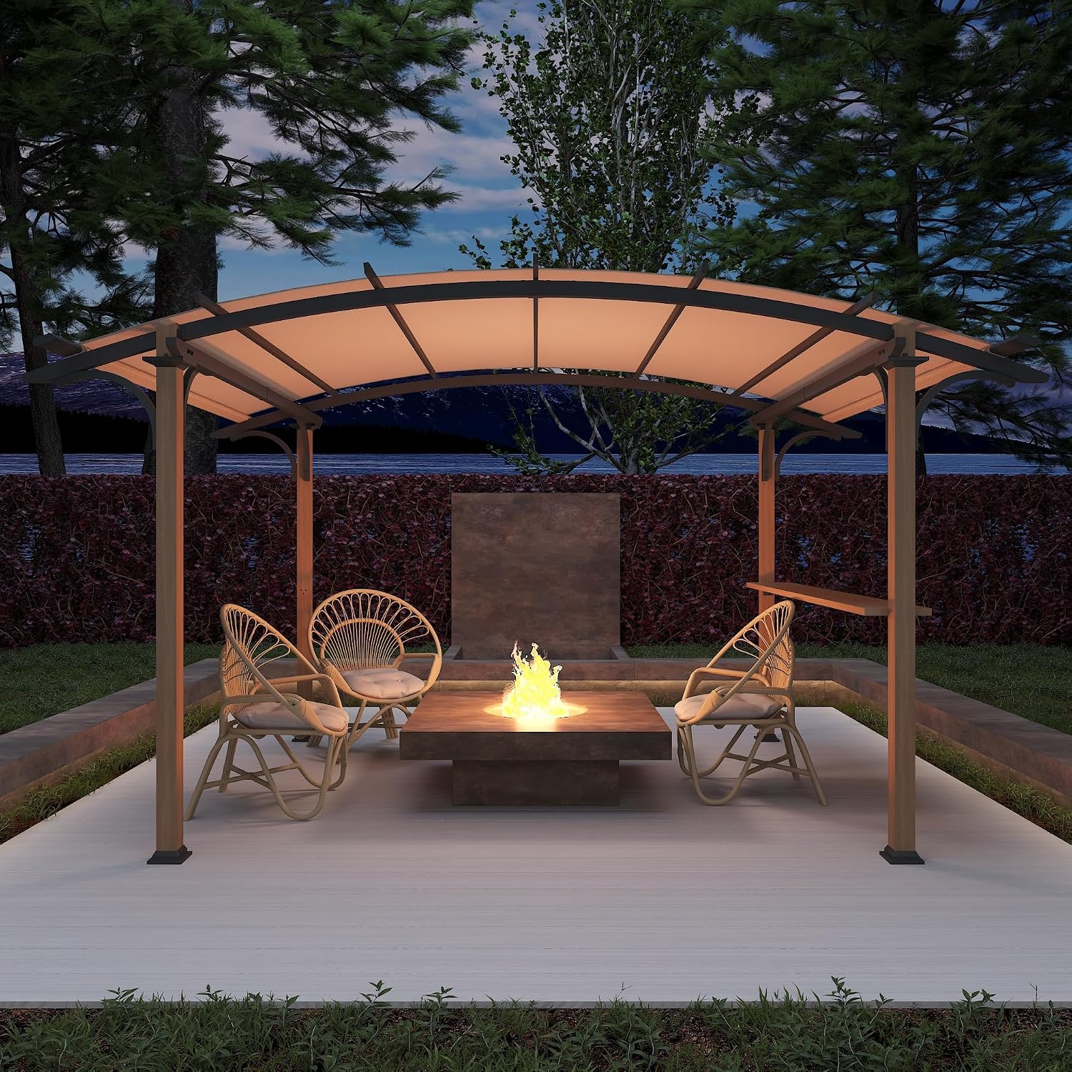 8.5' x 13' Outdoor Pergola, Metal Gazebo with Arched Top Canopy, Shelves, Bar Top, Natural Wood Looking Frame Pergola for Backyard, Garden, Patio.Beige