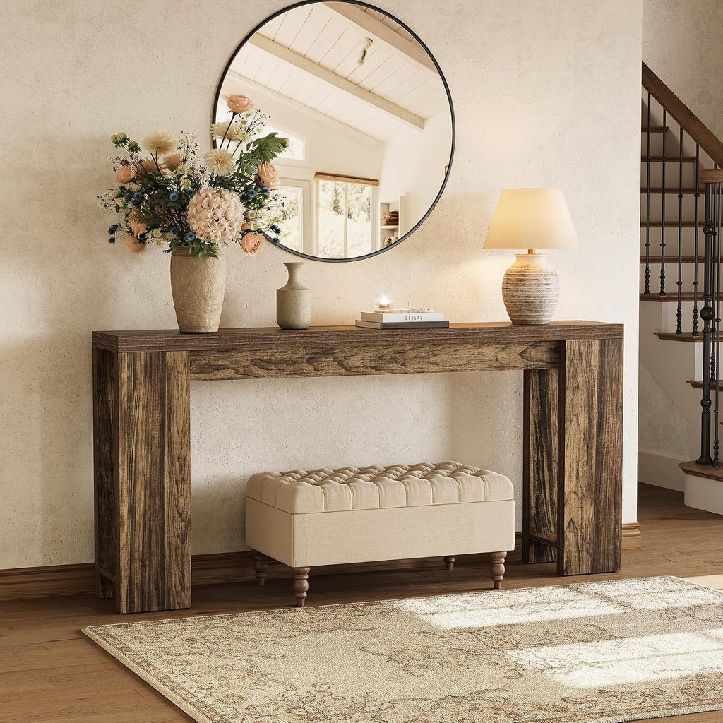 LITTLE TREE 70.9-Inch Long Entryway Table, Narrow Farmhouse Sofa Console Table for Living Room, Hallway, Walnut Brown