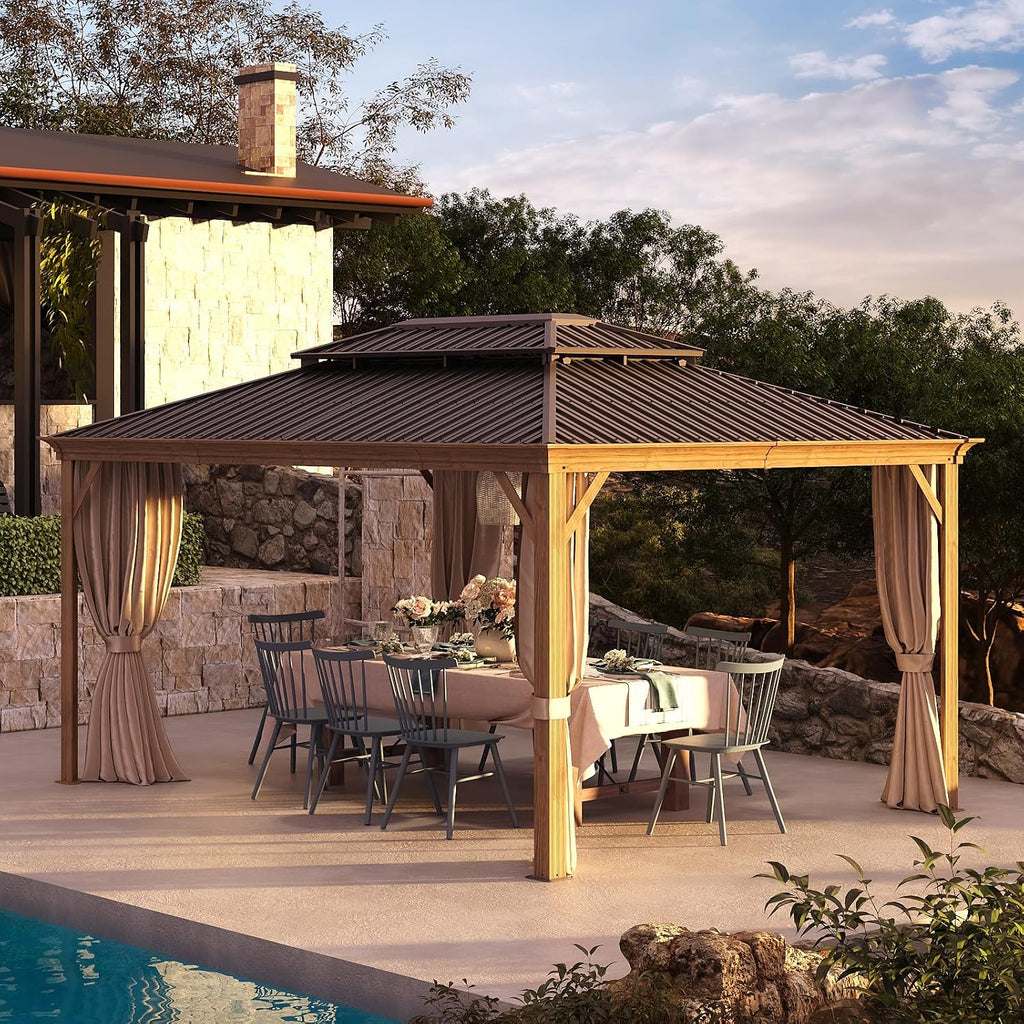 12x16ft Hardtop Gazebo, Wooden Finish Coated Aluminum Frame Canopy with Galvanized Steel Double Roof, Outdoor Permanent Metal Pavilion with Curtains & Netting for Garden, Brown (Wooden 12x16 Ft)