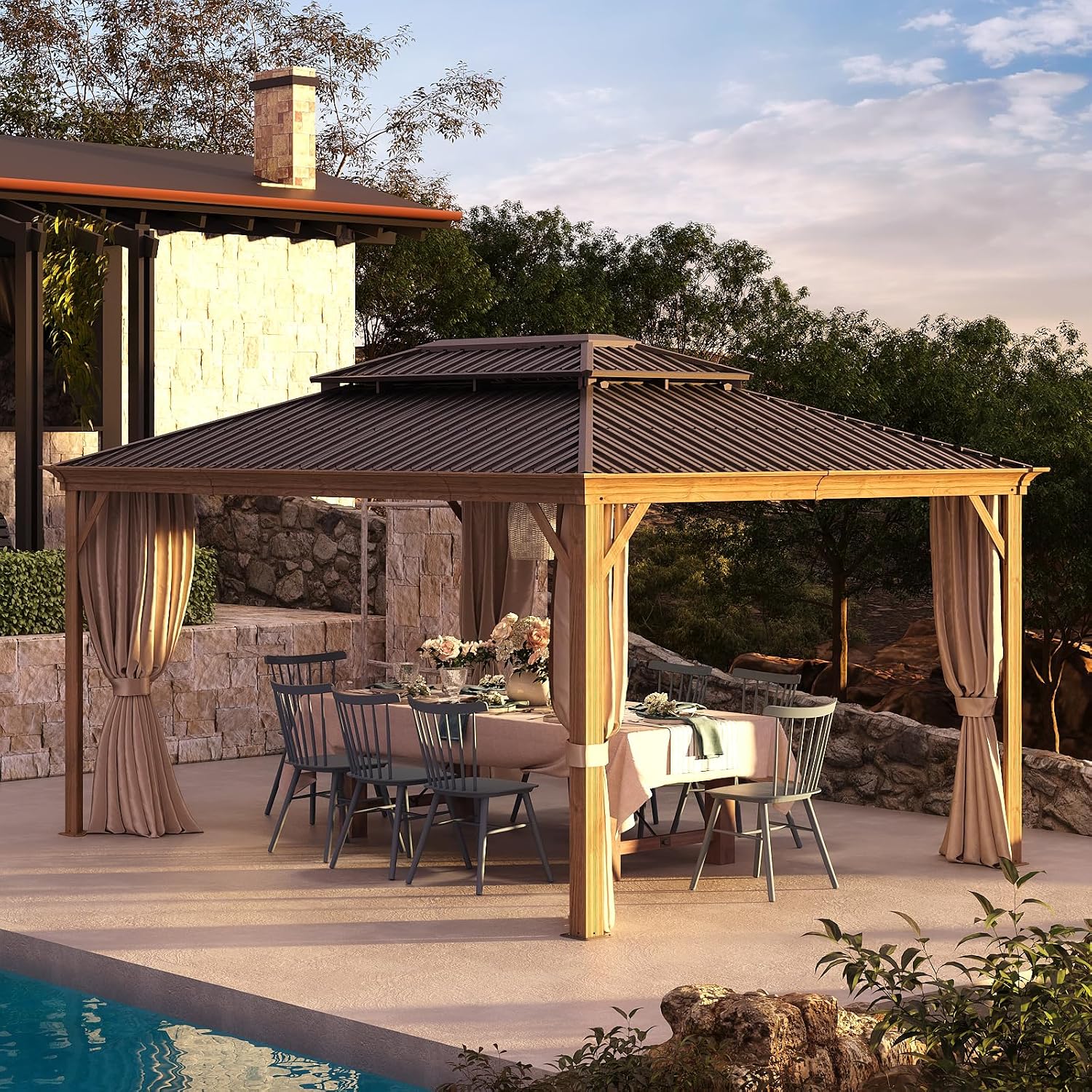 10x12ft Hardtop Gazebo, Wooden Finish Coated Aluminum Frame Canopy with Galvanized Steel Double Roof, Outdoor Permanent Metal Pavilion with Curtains & Netting for Garden, Brown (Wooden 10x12 Ft)
