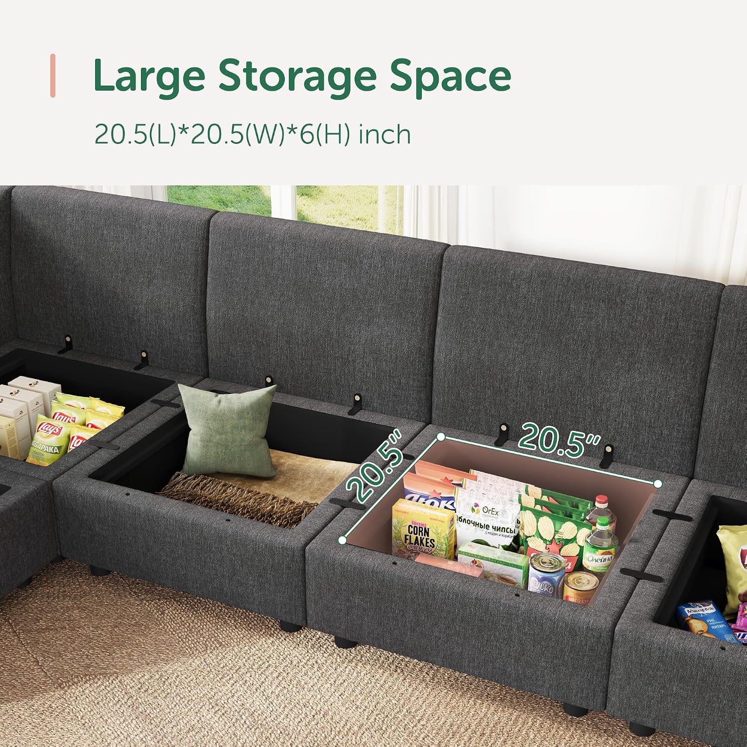HONBAY Modular Sectional Sofa with Storage L Shaped Sectional Sofa, Convertible Couches for Living Room - Snowflake Velvet Grey