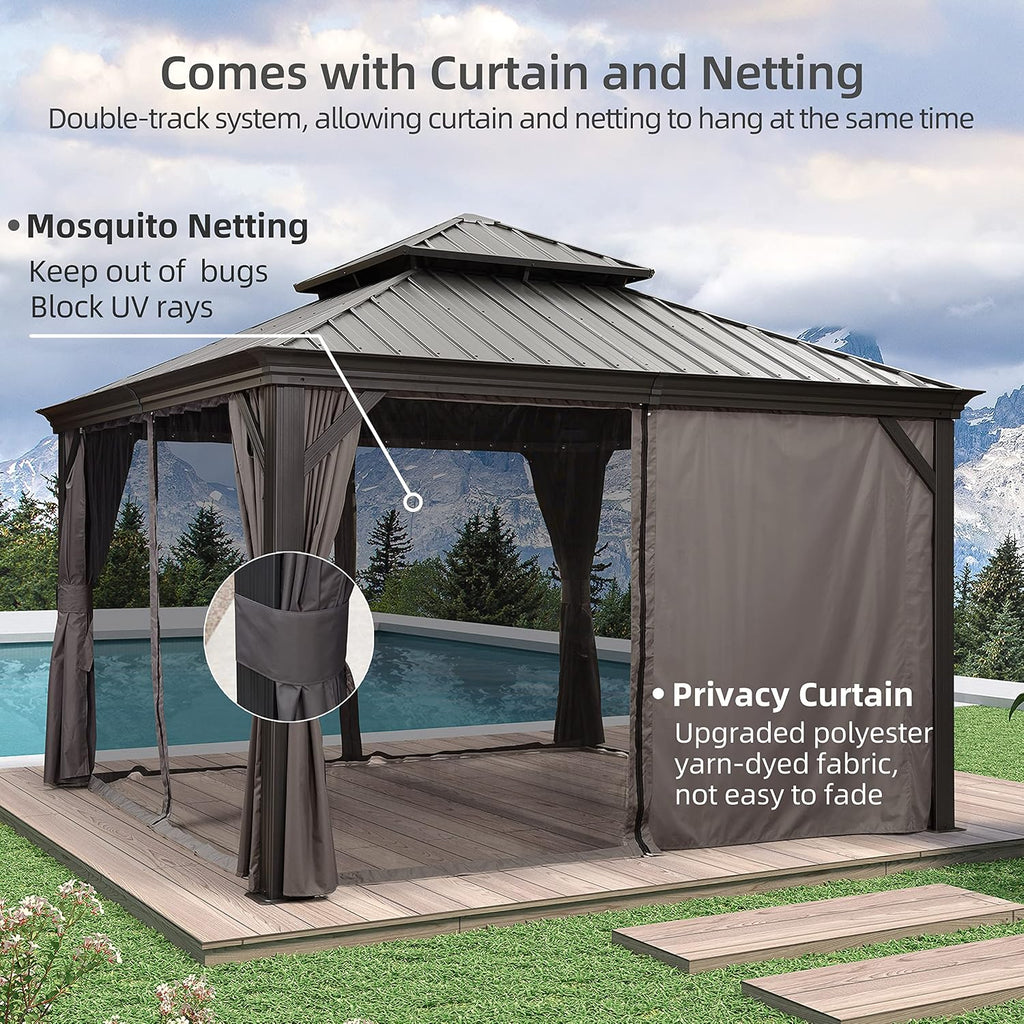 PURPLE LEAF 12' X 12' Permanent Hardtop Gazebo Aluminum Gazebo with Galvanized Steel Double Roof for Patio Lawn and Garden, Curtains and Netting Included, Grey