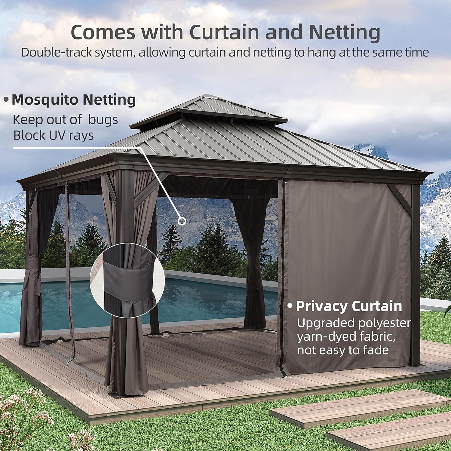PURPLE LEAF 12' X 12' Permanent Hardtop Gazebo Aluminum Gazebo with Galvanized Steel Double Roof for Patio Lawn and Garden, Curtains and Netting Included, Grey