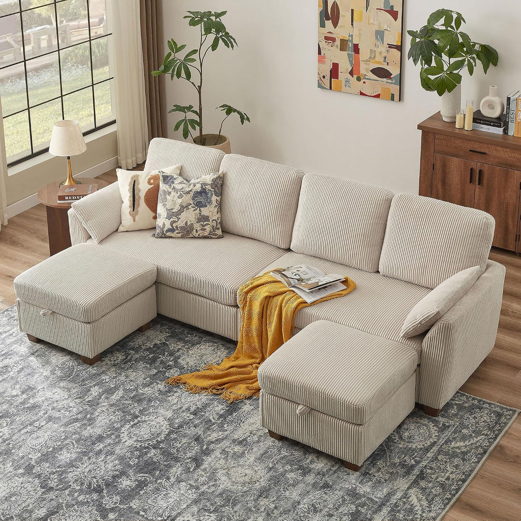 102' Convertible Sectional Sofa, 4-Seat U Shaped Couch with Storage Chaise Lounge, Modern Corduroy Fabric Sectional Couches for Living Room, Beige