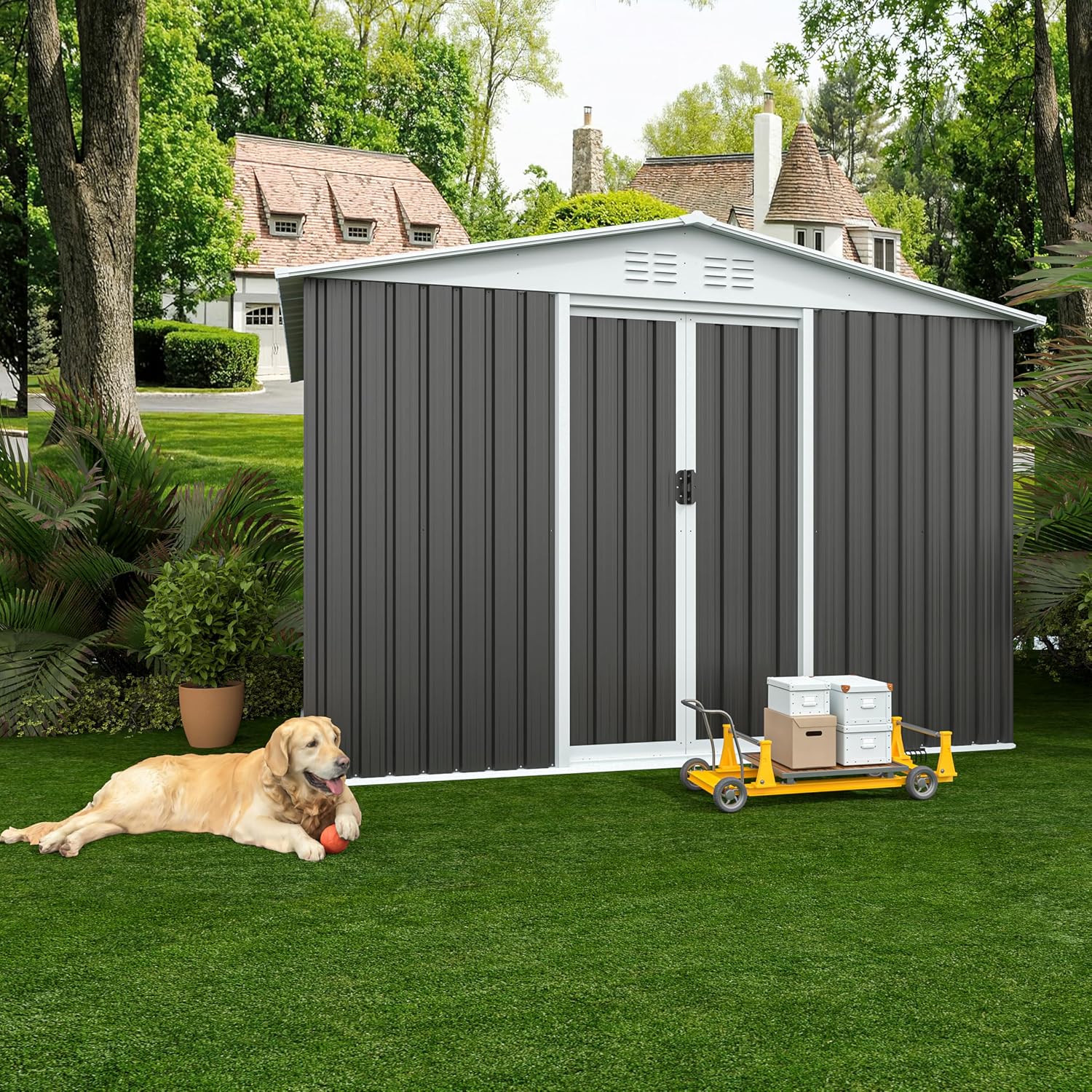 8x6 FT Large Outdoor Storage Shed, Galvanized Tool Shed, Metal Garden Shed with Apex Roof & Lockable Door, Waterproof Rust-Resistant for Patio Furniture Lawnmower Bike