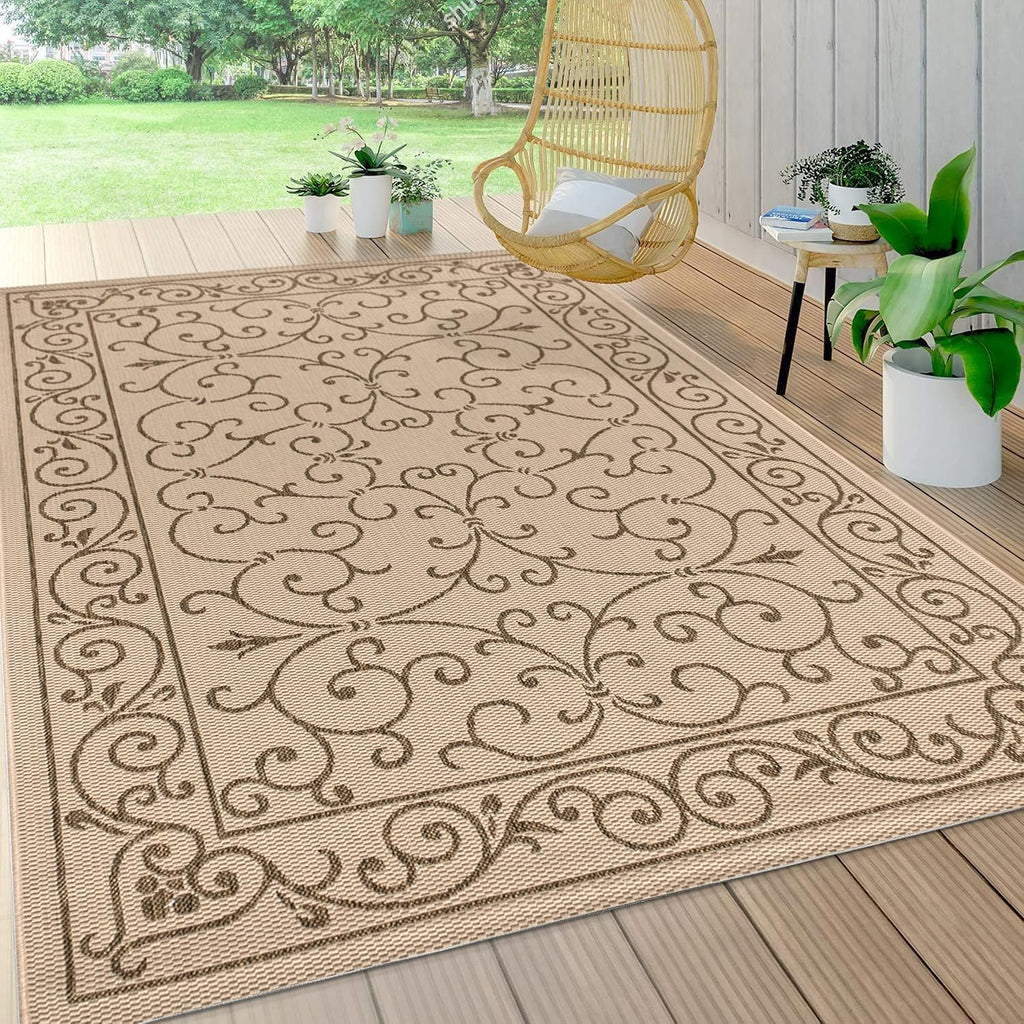 JONATHAN Y Vintage Filigree Indoor Outdoor Area Rug 9X12 Beige/Brown, Charleston Textured Weave for Backyard, Patio, Porch, Easy-Cleaning, High Traffic, Pet-Friendly, Non-Shedding (SMB106A-9)