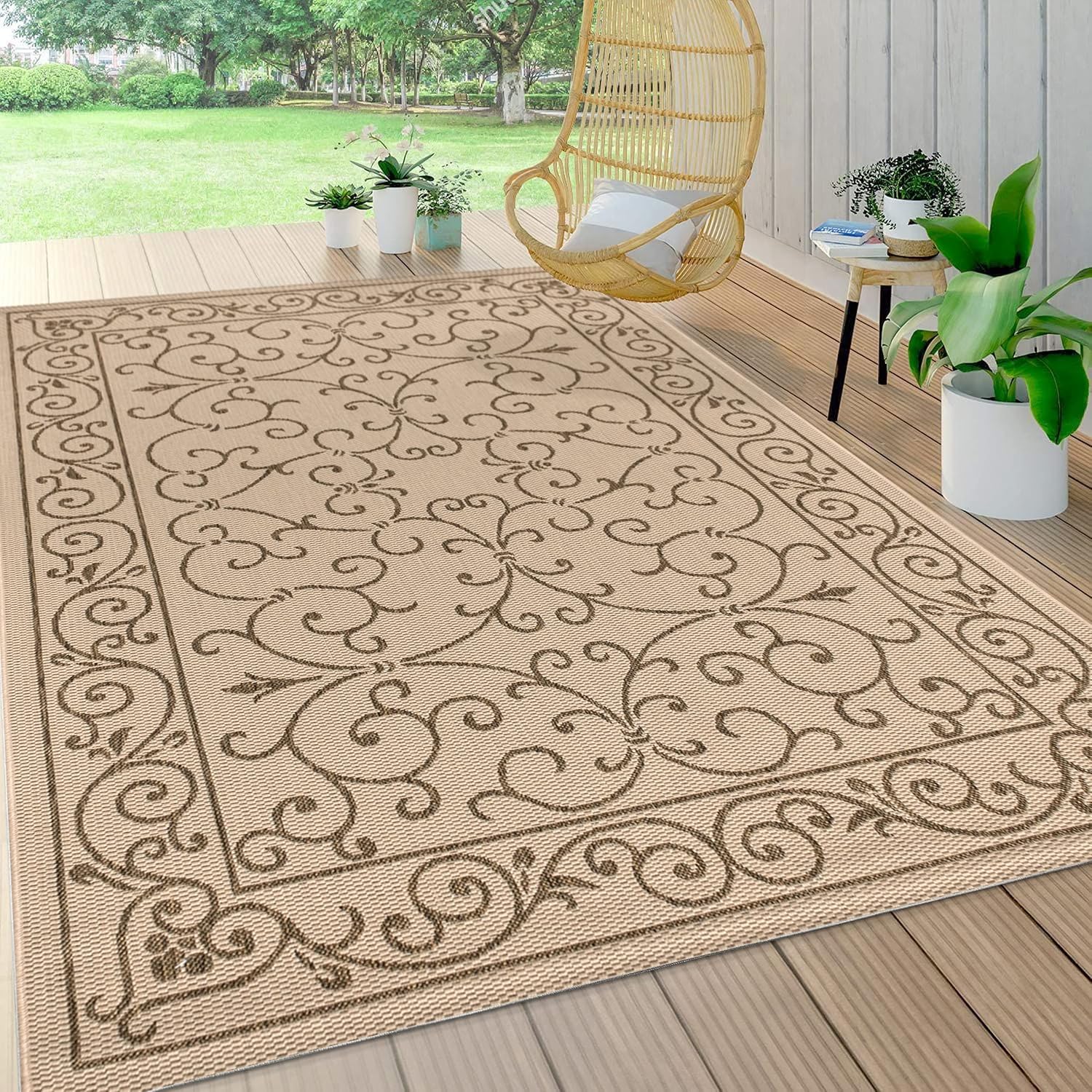 JONATHAN Y Vintage Filigree Indoor Outdoor Area Rug 9X12 Beige/Brown, Charleston Textured Weave for Backyard, Patio, Porch, Easy-Cleaning, High Traffic, Pet-Friendly, Non-Shedding (SMB106A-9)