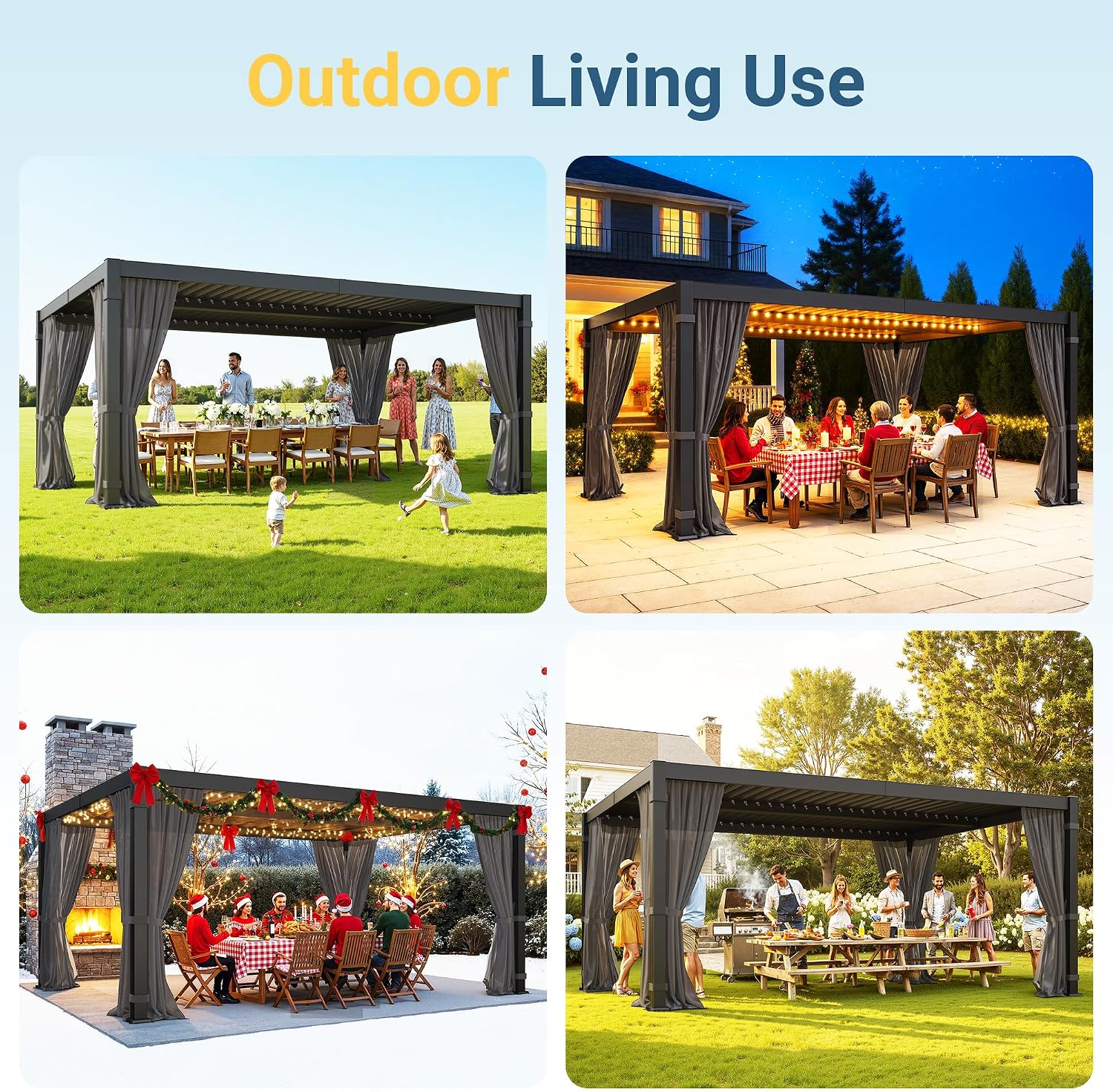 12' x 16' Louvered Pergola, Metal Outdoor Pergola with Adjustable Louvered Roof, Curtains & Netting, Gutter System, Hardtop Patio Gazebo for Patio, Deck, Garden, Yard, Dark Gray