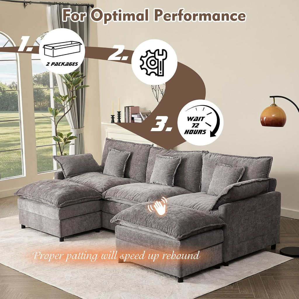 GOSUHI 108' U Shaped Couch, Modular Sectional Sofa, 3-Seater Comfy Cloud Couch, Set of Modular Pieces with Movable Ottoman, Deep Seat Couches for Living Room, Chenille, Slate