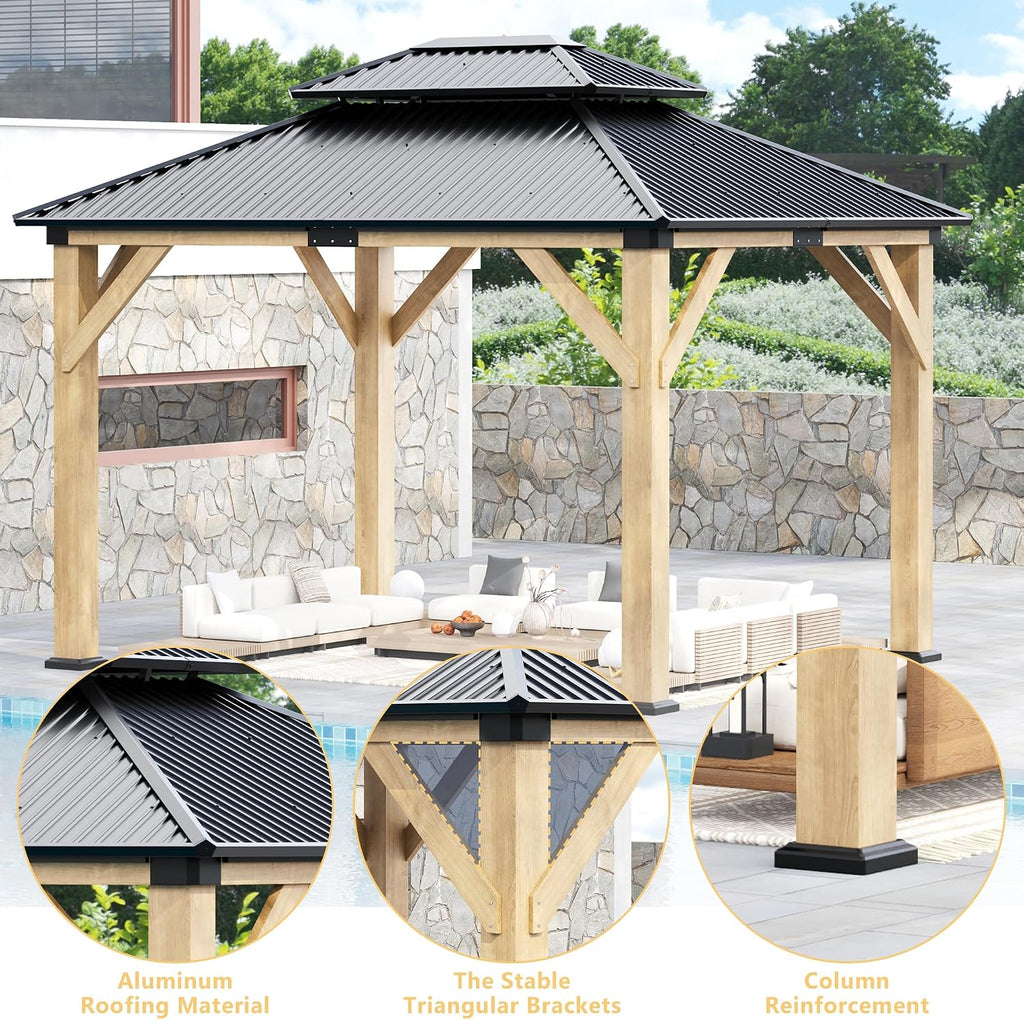 ROCSUMOO 13'x 15' Outdoor Wooden Gazebo, Patio Hardtop Gazebos with Double Roof, Double Galvanized Steel Hardtop Roof Wood Frame with Netting and Curtains (13'x 15')