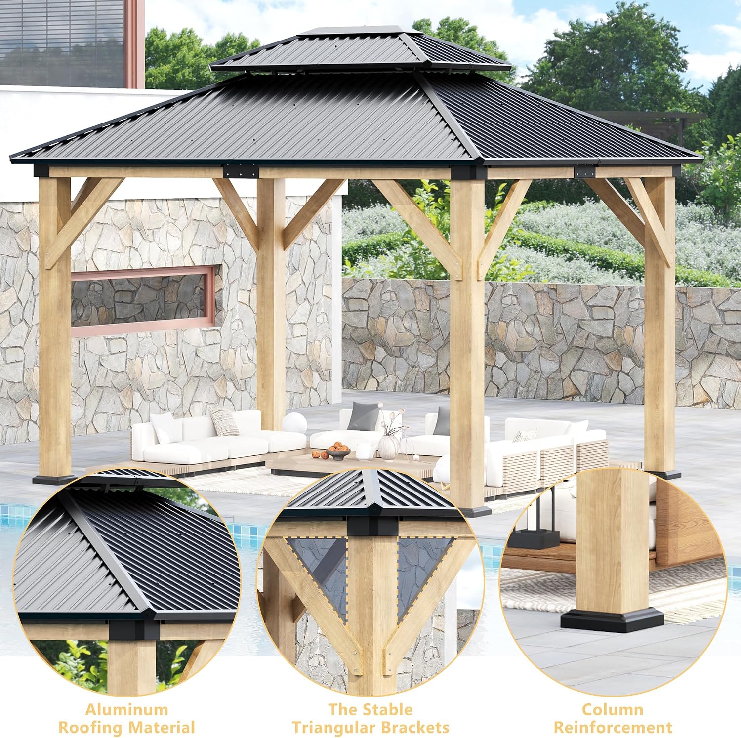 ROCSUMOO 13'x 15' Outdoor Wooden Gazebo, Patio Hardtop Gazebos with Double Roof, Double Galvanized Steel Hardtop Roof Wood Frame with Netting and Curtains (13'x 15')