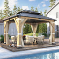 COVERONICS 10FT x 12FT Outdoor Wood Gazebo - Galvanized Steel Hardtop Gazebo with Heavy-Duty Double Roof, Patio Wooden Gazebo for Garden with Netting & Curtains, Poolside, Deck, Backyard