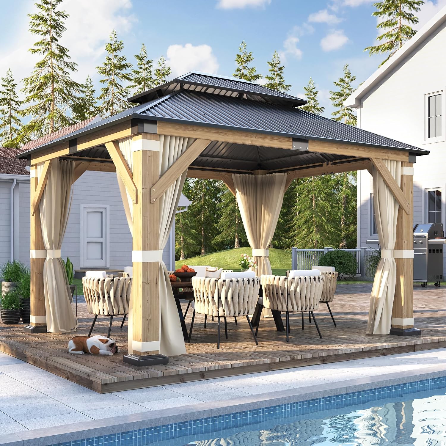 COVERONICS 10FT x 12FT Outdoor Wood Gazebo - Galvanized Steel Hardtop Gazebo with Heavy-Duty Double Roof, Patio Wooden Gazebo for Garden with Netting & Curtains, Poolside, Deck, Backyard