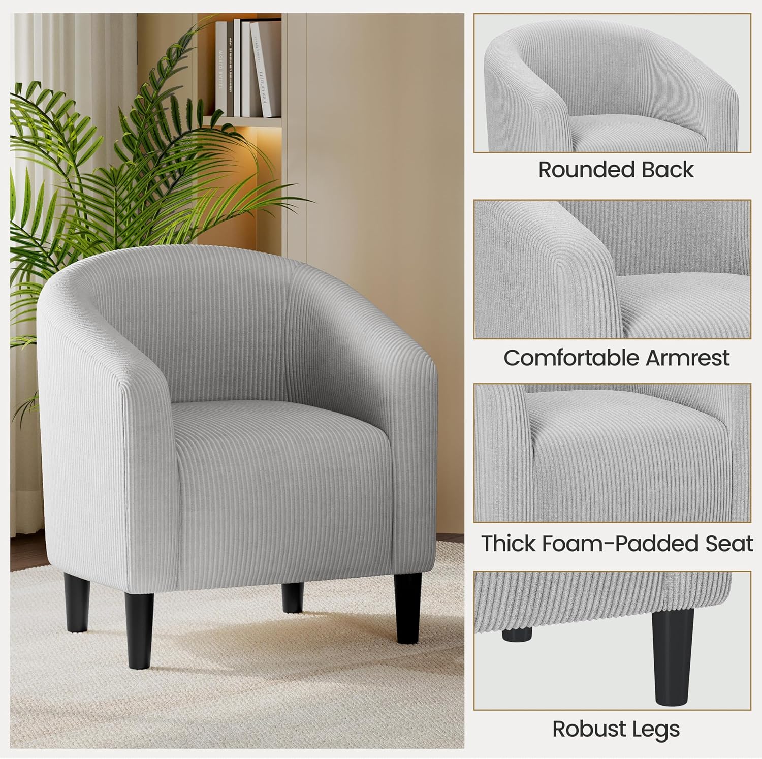 Yaheetech Accent Barrel Chair, Corduroy Fabric Club Chair, Furry Sherpa Elegant Armchair with Cozy Soft Padded for Living Room Bedroom Reception Room Office, Light Gray