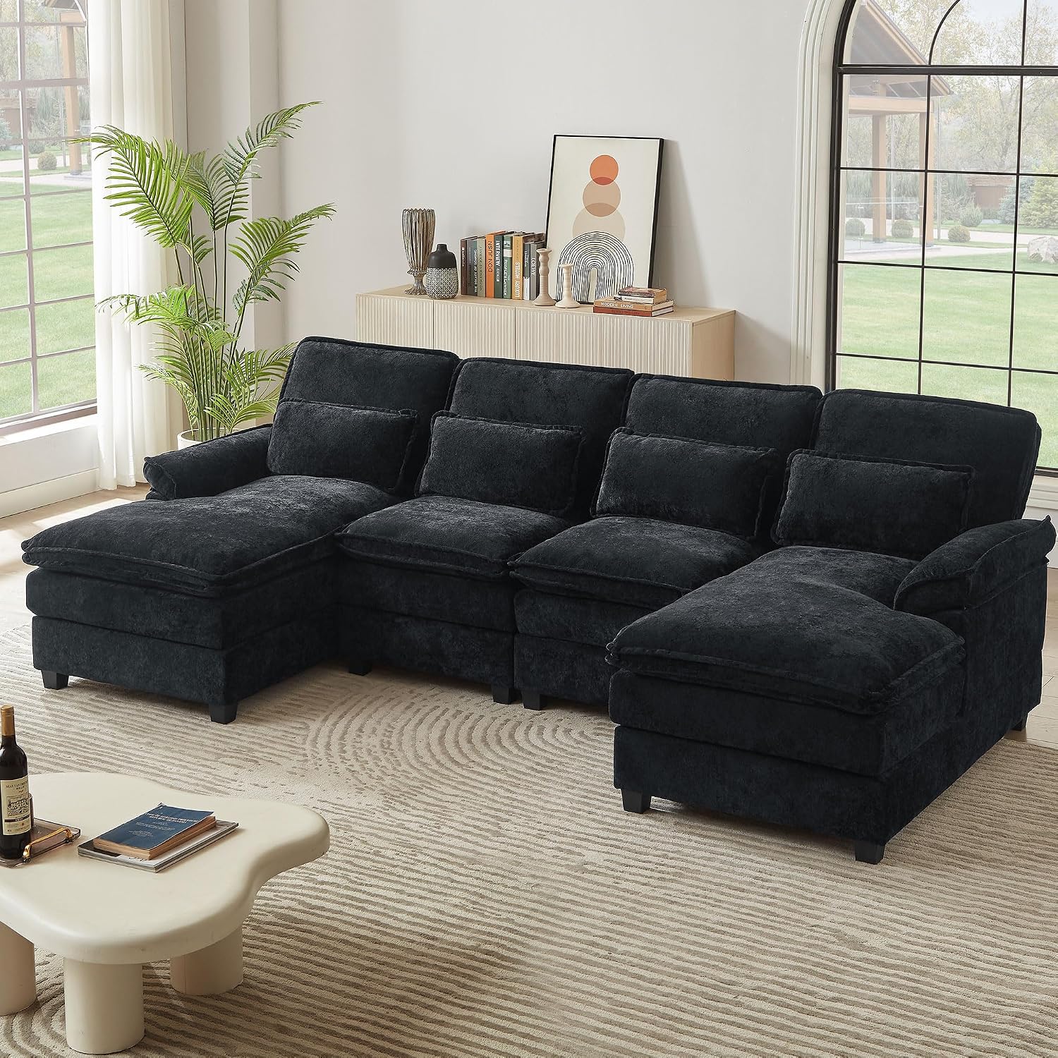 113' Oversized Cloud Couch, U Shape Sectional 4 Seat Sofa with Double Chaises, 2 Layer Cusions, Deep Seat Comfy Sofa, Upholstery Chenille Fabric for Living Room, Black