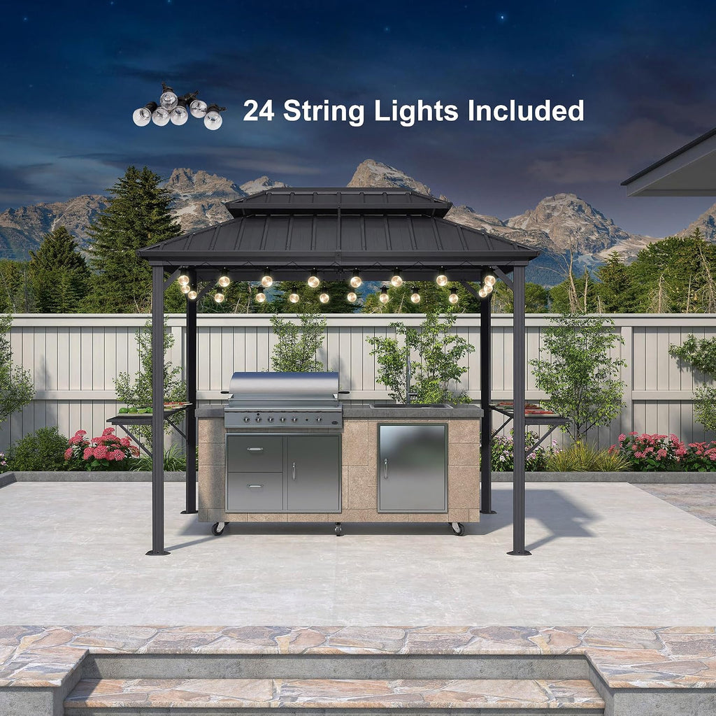 PURPLE LEAF 6' X 9' Hardtop Grill Gazebo for Patio Aluminum Barbeque Canopy with 24 Clear Light Bulbs and Shelves Double Tiered Grey Outdoor BBQ Gazebo
